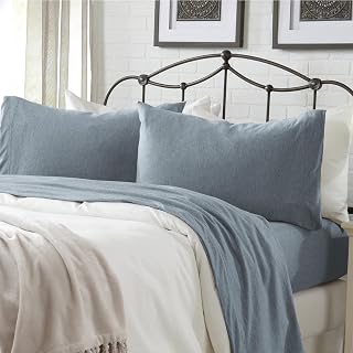 Great Bay Home Cotton Jersey Knit Queen Sheet Set - Ultra-Soft, Stretchy, Heathered Melange Denim Blue Bed Sheets - Cozy, Soft T-Shirt Sheet & Pillowcase Set