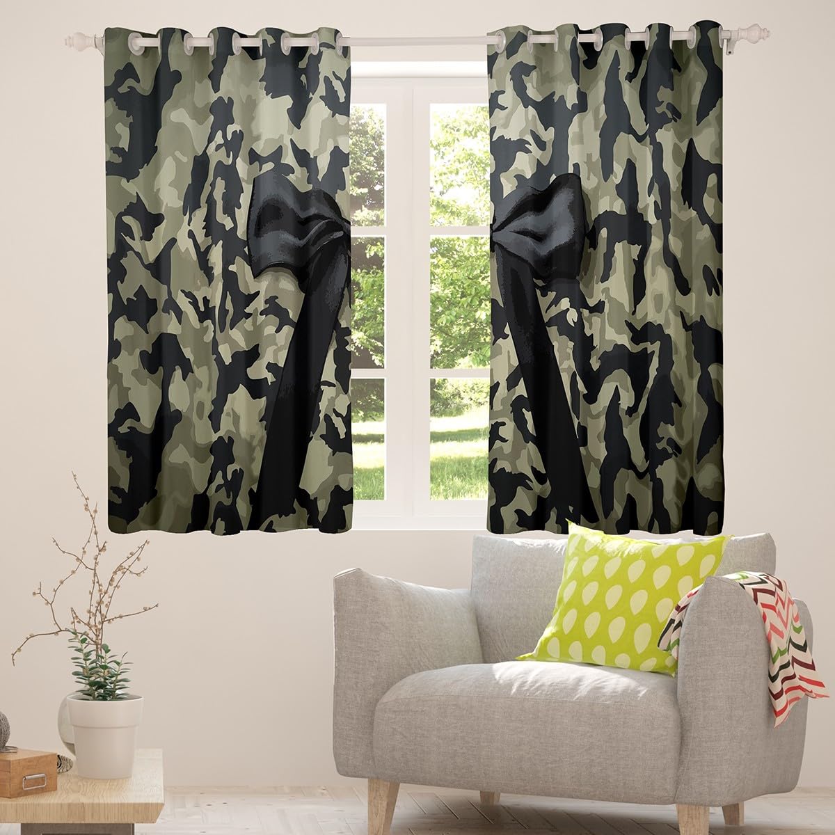 Homewish Kamuflaż zasłony okienne 117 x 137 cm, 2 zestawy paneli - kokardka zasłony zaciemniające kokardka zielona wstążka czarne zasłony okienne moro ciepła pościel