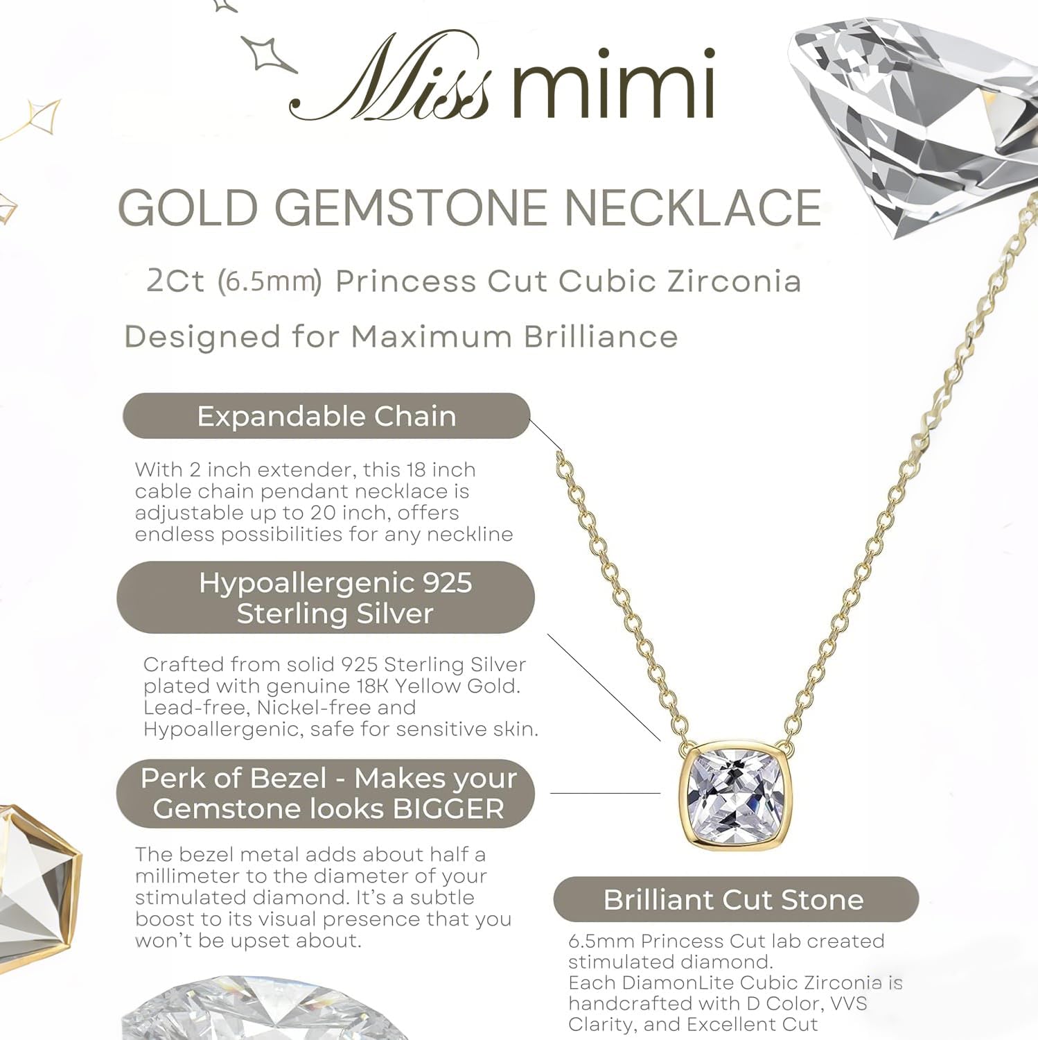 MISS MIMI Solitaire Cubic Zirconia Necklace for Women, 1–3 CT Round,Heart,Princess Cut CZ Options, Bezel or Prong Set in 925 Sterling Silver, Adjustable 16–20" Minimalist Everyday Jewelry - Image 2