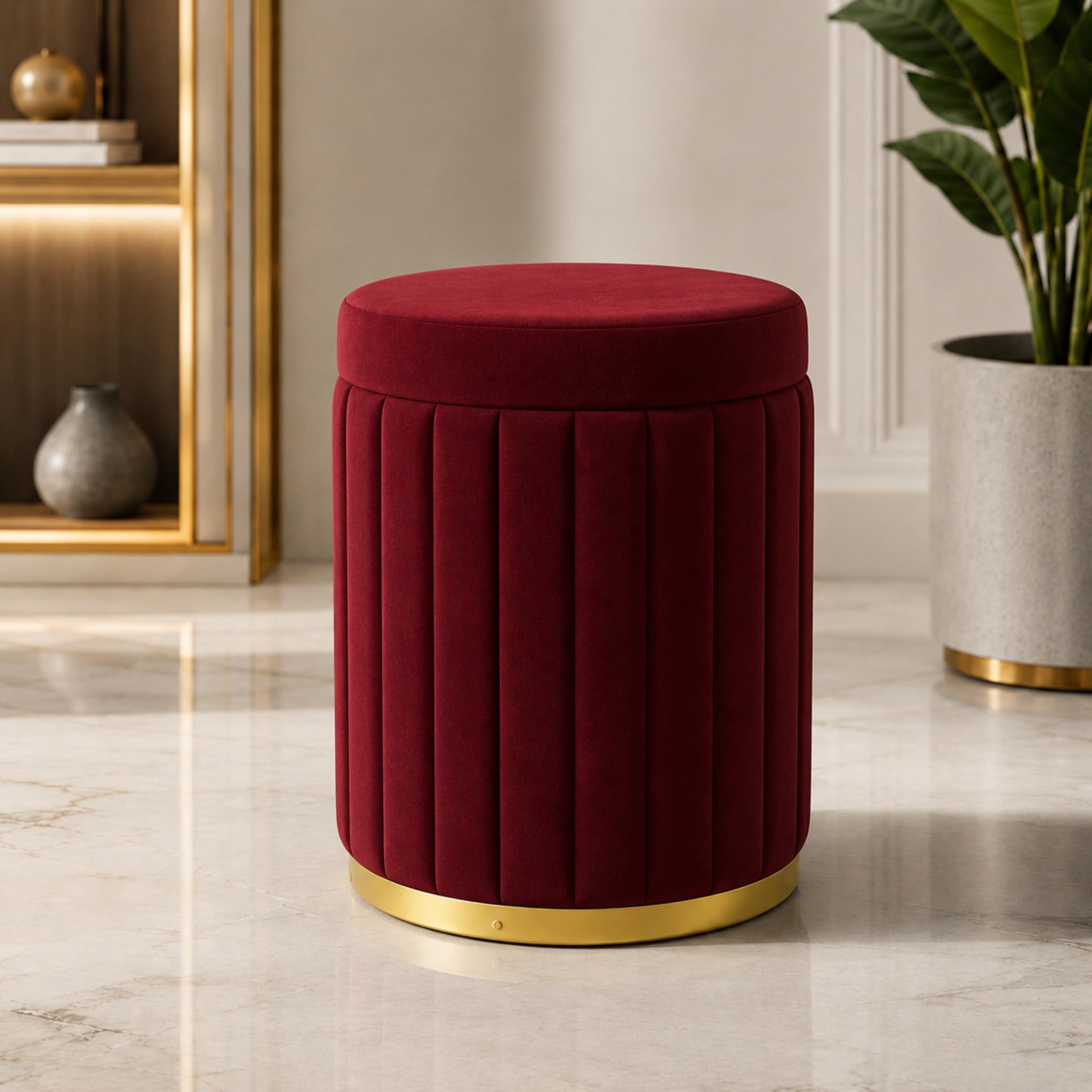Round Strip Office Stool with Cushioned Foot Rest, Pouf Ottoman, and Padded Seat for Living Room Maroon-image-31