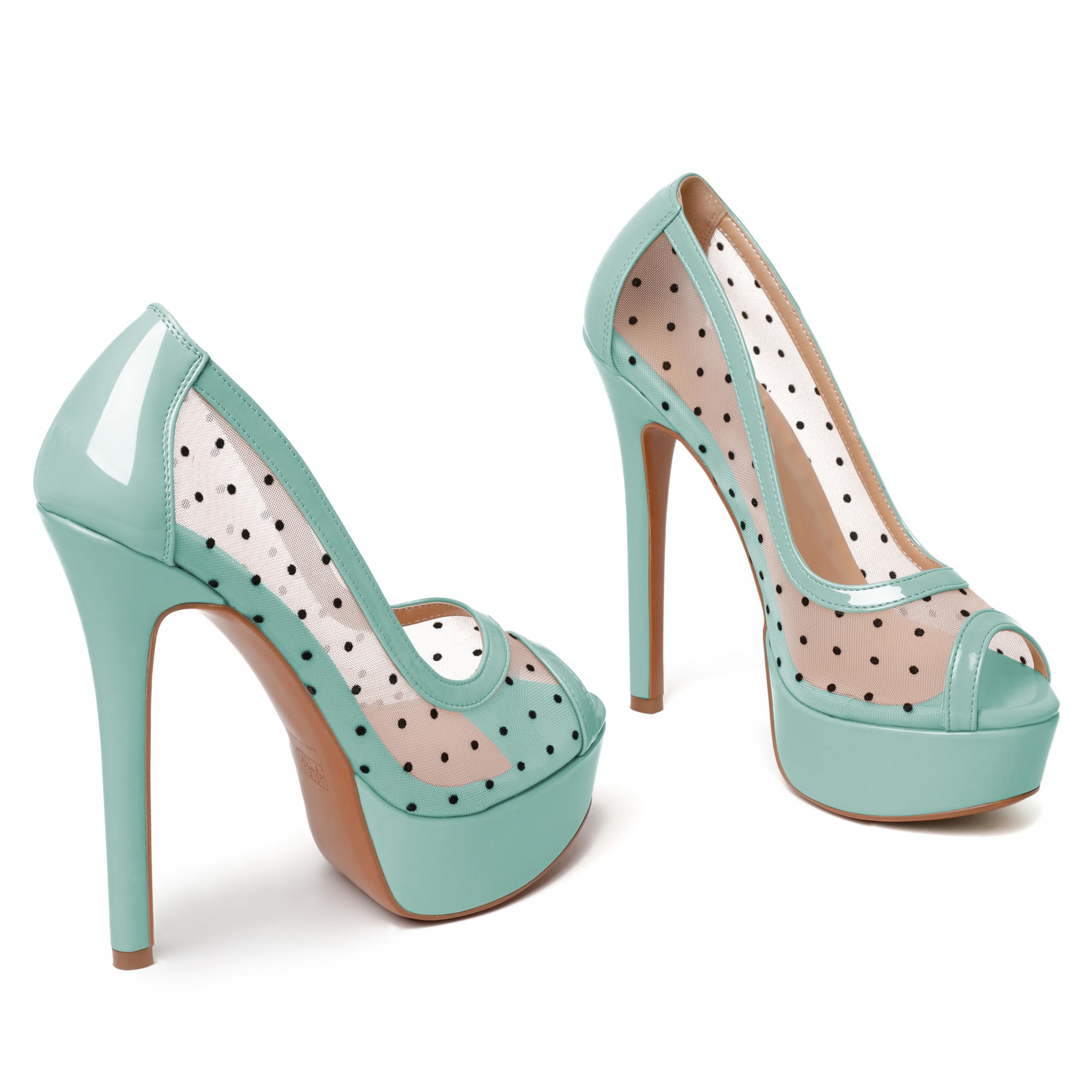 AUMOTED Women's Peep Toe High Heel Platform Stiletto Pumps Slip On Patent Mesh Polka Dot Heels 5.5" Party Wedding Dress Shoes: 8 Mint Green