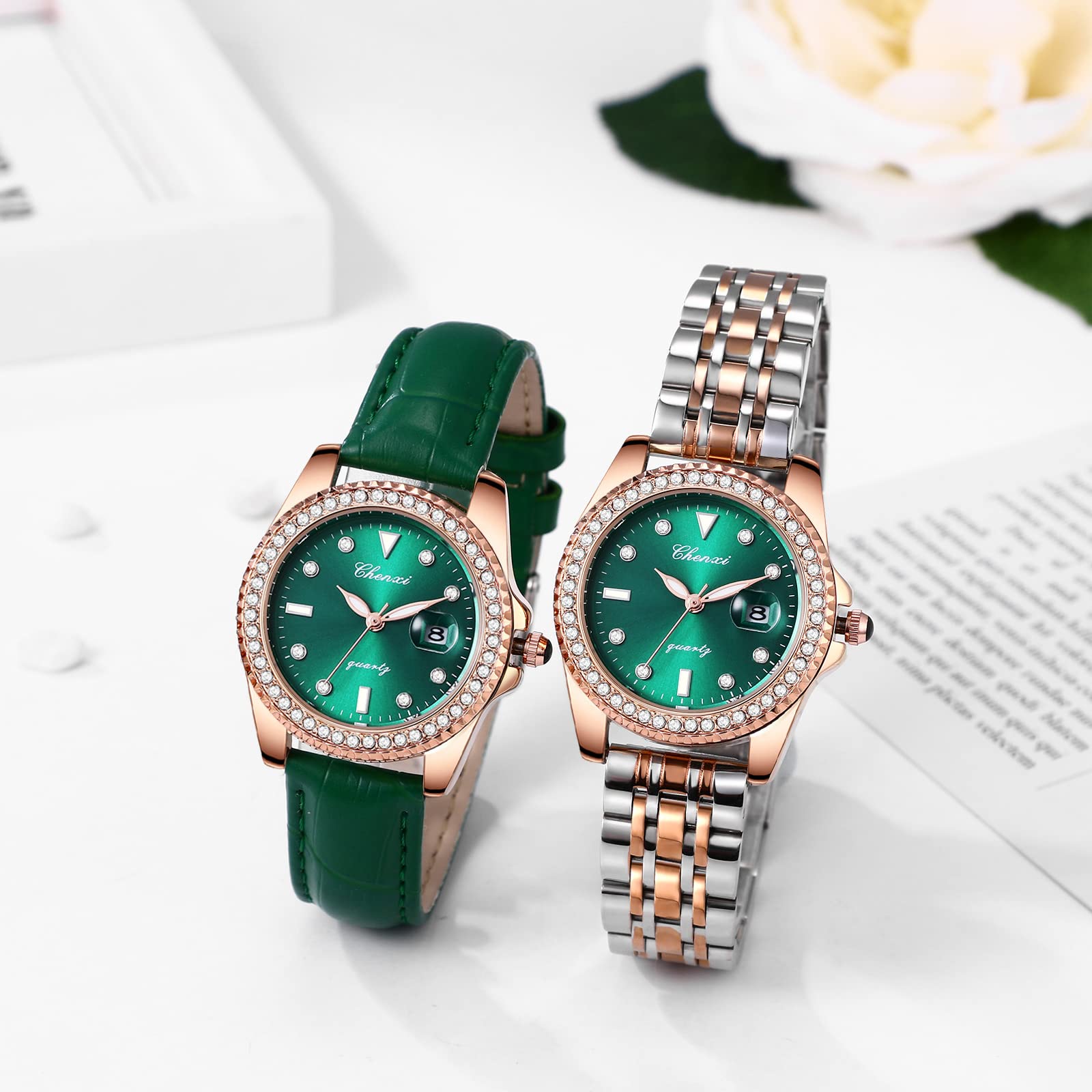 JewelryWe Uhren Damen Analog Quarz Armbanduhr Klassisch Elegant Strass Rechteckig/Rund Datum Kalender 30m Wasserdicht Geschäfts Beiläufige Uhr mit Echtleder Leder Armband