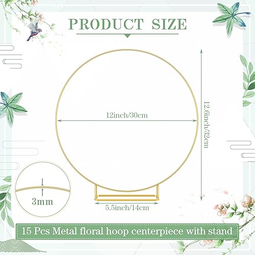 Miniatura 2 de Qunclay 15 piezas de centro de mesa de aro floral de metal de 12 pulgadas con soporte, centros de mesa redondos dorados, anillos de corona de metal