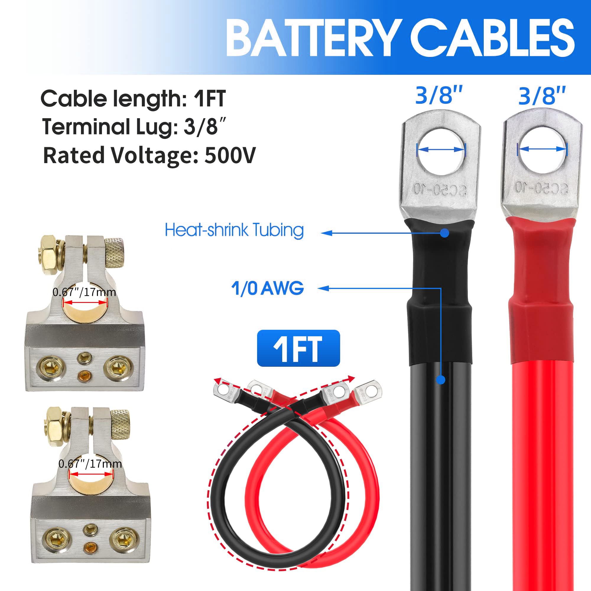Unifizz Cavo per batteria da 1/0 AWG, calibro 0, cavi inverter per batteria con alette da 0,9 cm, set di cavi inverter di potenza in rame puro, per solari, barche, camper, auto, moto (3 m, con