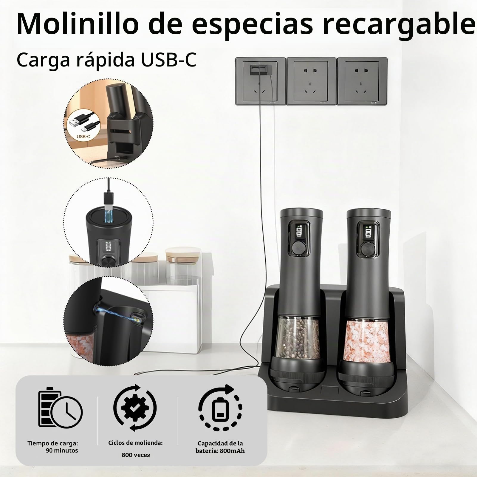 Juego de molinillos eléctricos de sal y pimienta, 2 piezas, recargable por USB, con estación de carga doble e indicador LED, 95 ml de capacidad, mecanismo de cerámica ajustable en 5 niveles