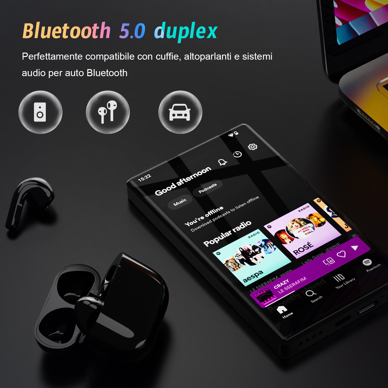 Lettore MP3 da 96 GB con Bluetooth e WiFi, Lettore MP3 da 5" con Sistema Operativo Android 13, Lettore MP4 HD 1080P, Lettore Musicale con Spotify, Audible e Play Store Preinstallati