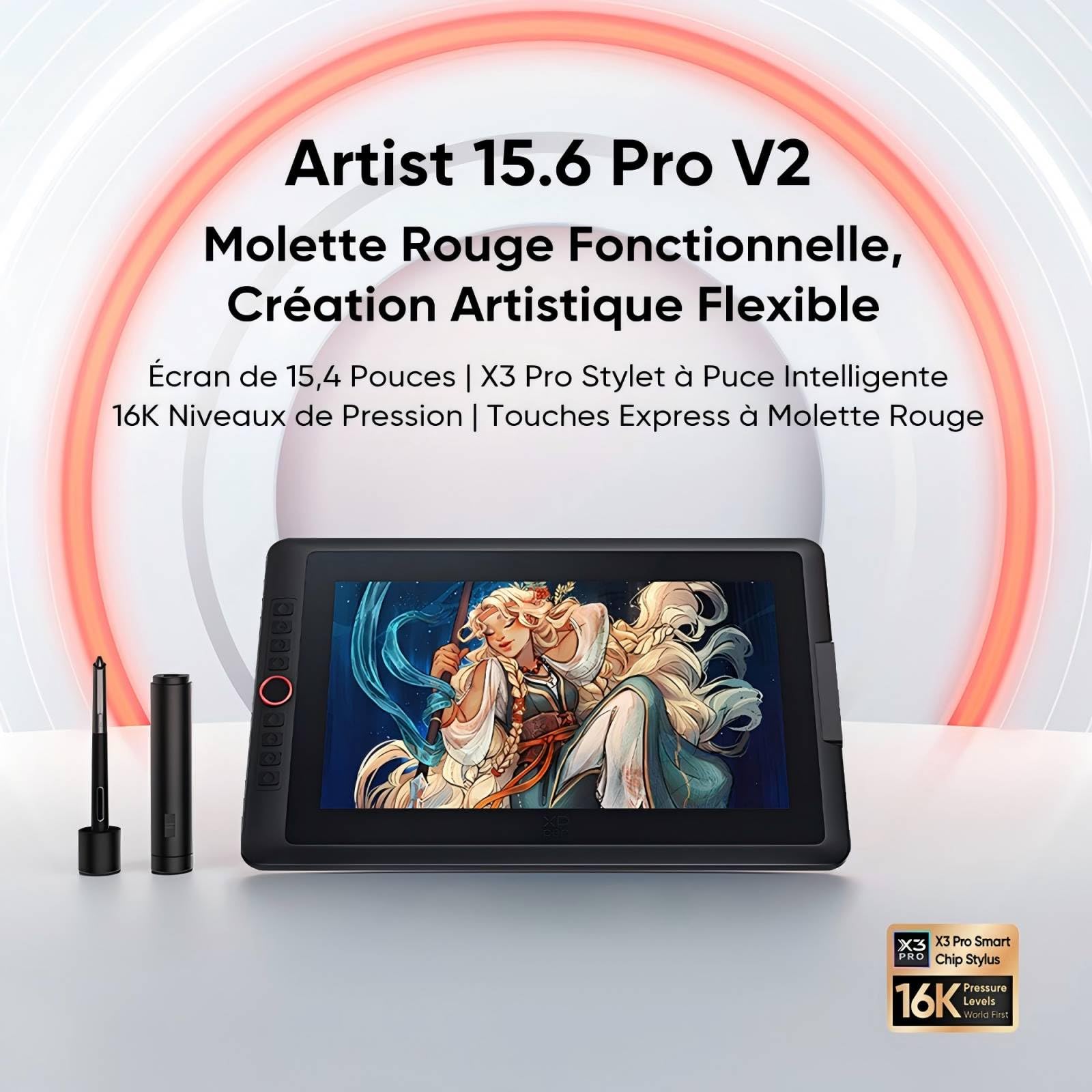 XPPen Artist 15.6 Pro V2 Tablette Graphique avec Écran, 16K(16384) Niveaux de Pression, Tablette Graphique Dessin Portable de 15,6 Pouces, 8 Raccourcis, Compatible avec Windows Chrome OS