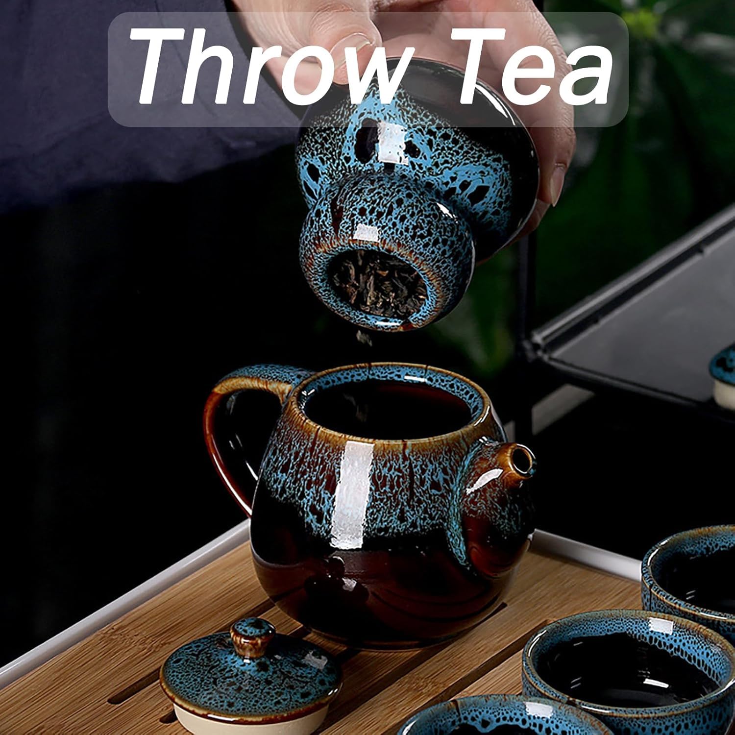 Porzellan Chinesisches Kongfu Tee Set, Tragbares Porzellan Reise Teeservice mit Teetasse, Teekanne, Teematte Bambus Tablett, Teeklammer, Geschirrtuch und Tragetasche Geeignet für Reisen