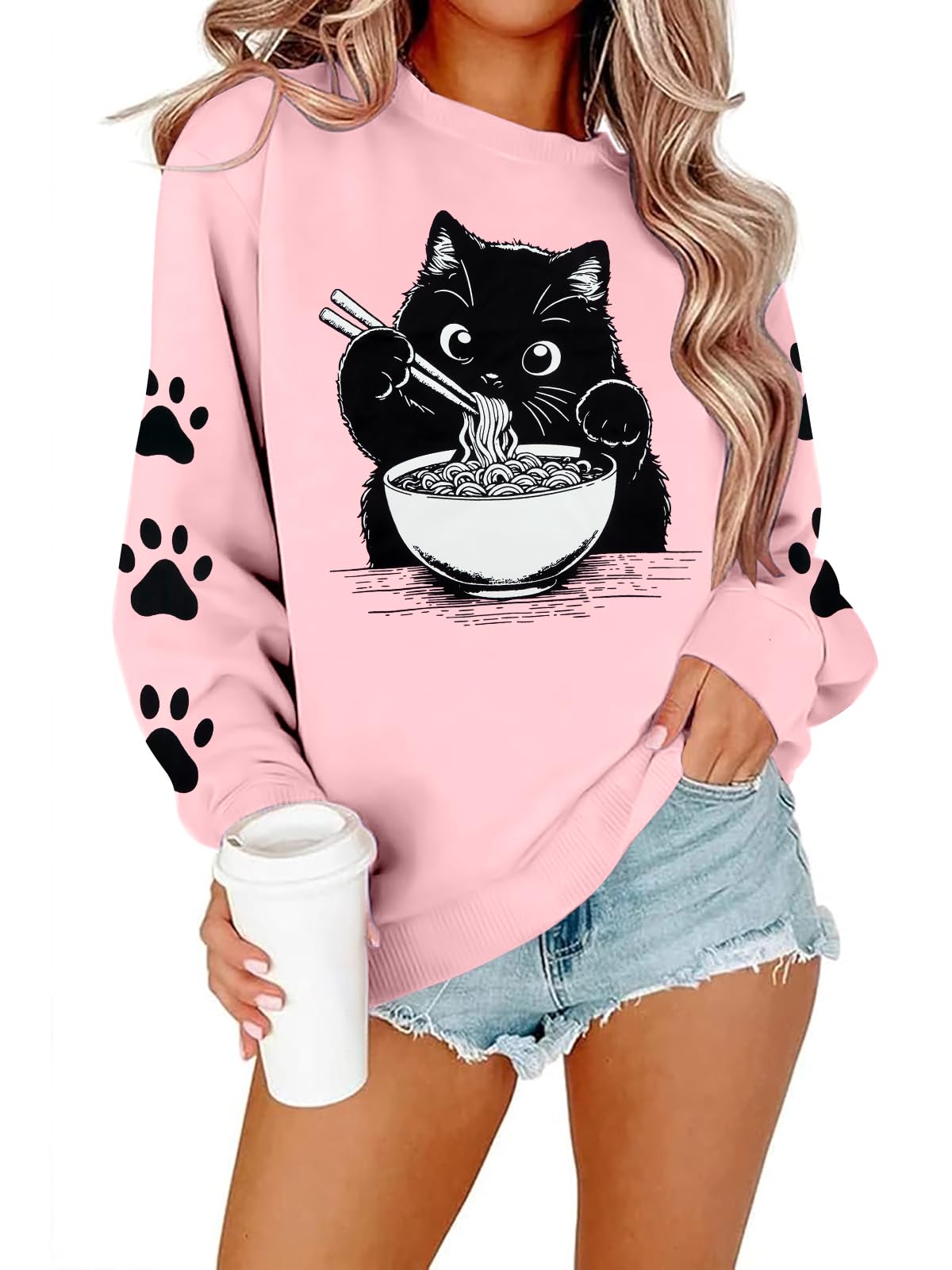 FRYAID Cat Sweatshirt Women Funny Black Cat Graphic Sweater Casual Cat Crewneck Holiday Long Sleeve Hoodie Pullover Top
