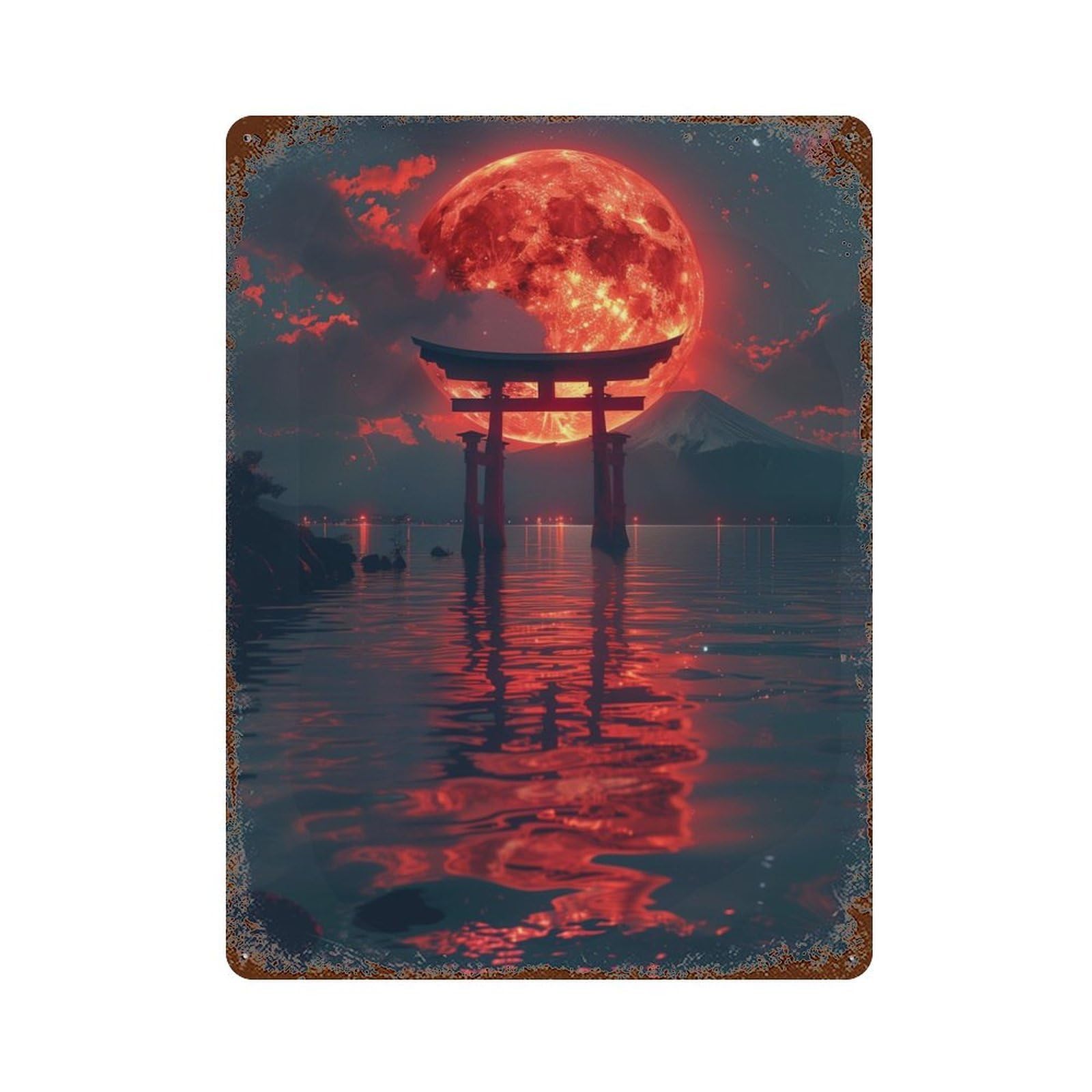 Retro Metal Sign with Red Moon Torii Gate Design 15.7"x11.8", for Shed, Workshop And Garage Wall Decor, Industrial Home Decor