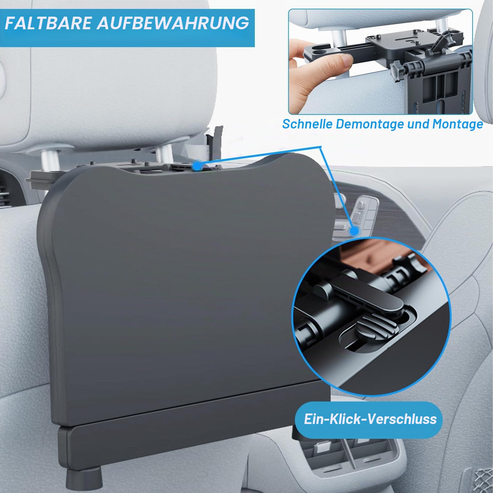 Tragbarer Autositz Tabletttisch, Auto Tisch für Rücksitz Beifahrer mit Getränkehalter und Handyhalter, Multifunktional Esstisch für Kinder Erwachsene Klappbar Einstellbar, Belastbarkeit 15-20 kg