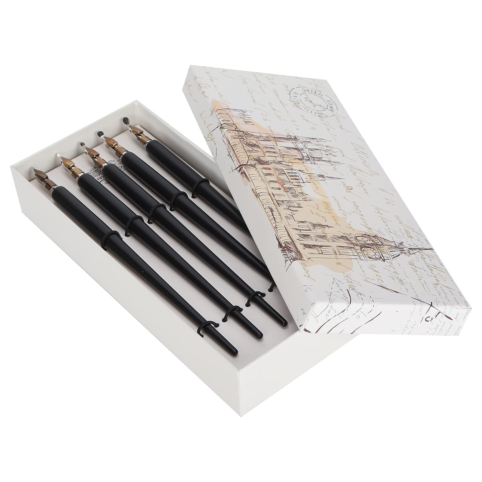 FditWooden Handle Dip Pen Set, 5 Nib Sizes, Artistic Calligraphy Fountain Pen, Gift Box Package, Easy to Use and Exquisite Writing, Choice for Teachers and (Black Slim