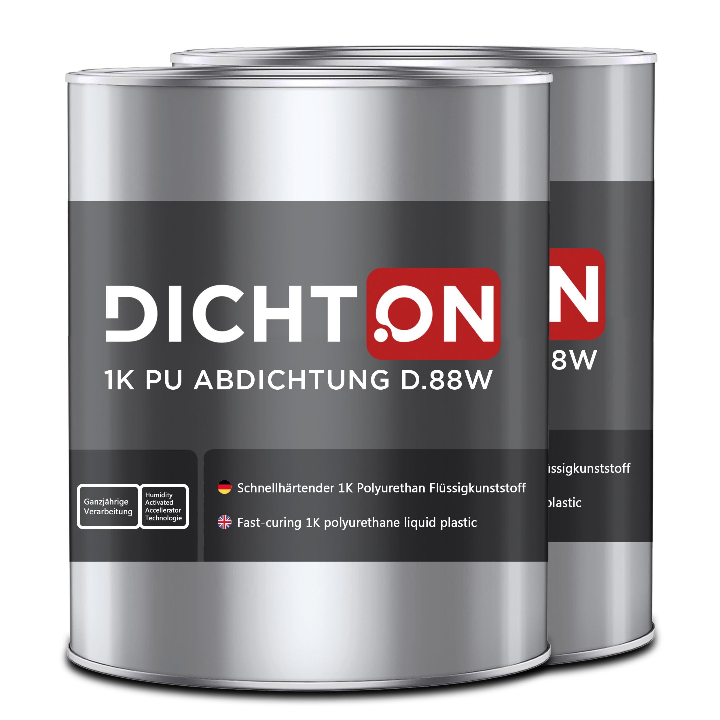 1K PU Abdichtung grau 2x1kg - Polyurethan Flüssigkunststoff Abdichtungsmasse für Dach, Balkon, Terrasse - neueste Generation, schnellhärtend, blasenfrei, ganzjährige Verarbeitung - DICHTON D.88W