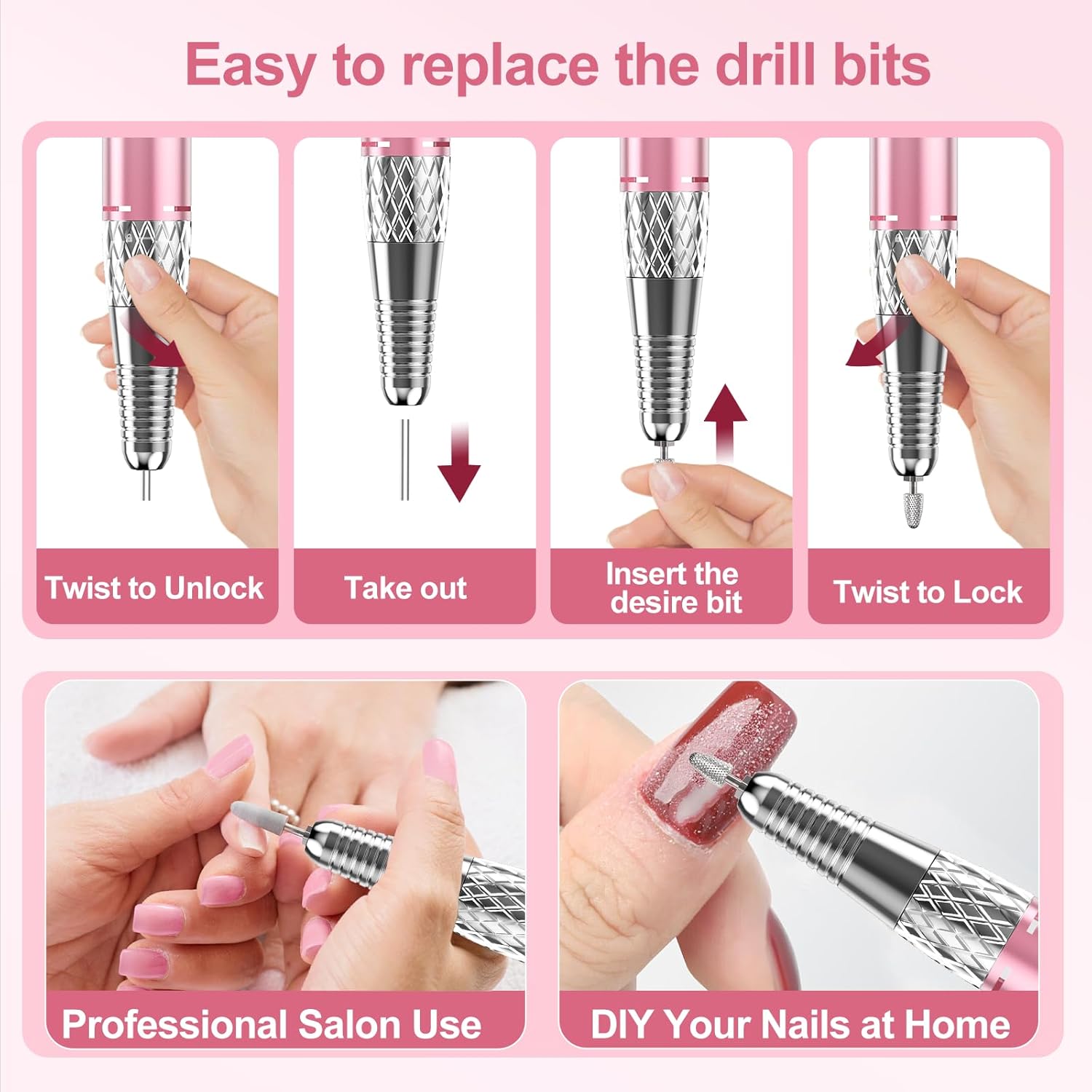 Electric Nail Drill Machine Professional, Cordless Rechargeable Nail Drill Kit Low Heat Quiet E-File for Acrylic Gel Polishing Removing with Bits Kit for Manicure Salon Home (Pink)