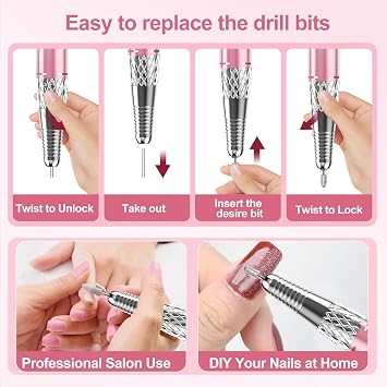 Electric Nail Drill Machine Professional, Cordless Rechargeable Nail Drill Kit Low Heat Quiet E-File for Acrylic Gel Polishing Removing with Bits Kit for Manicure Salon Home (Pink)