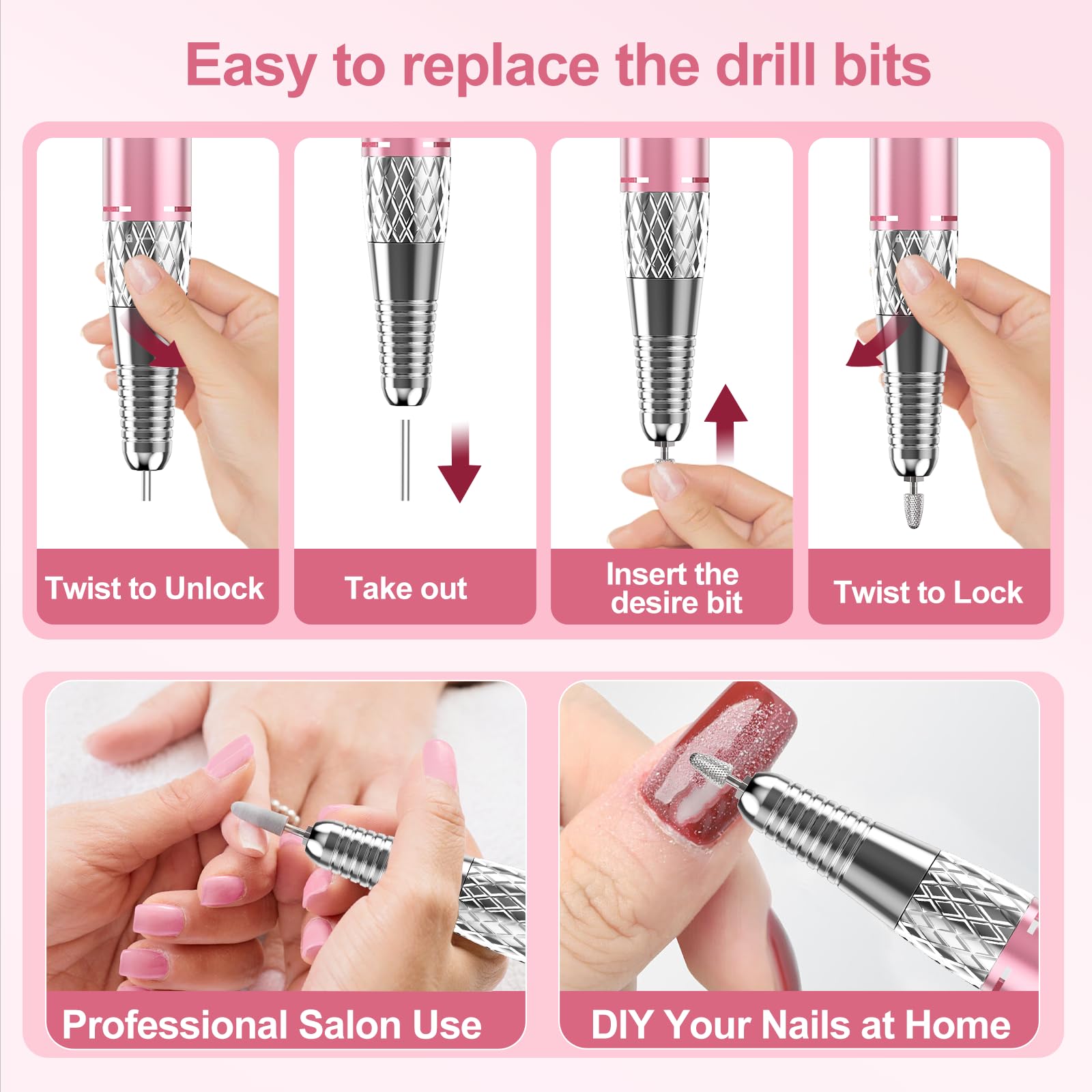 Professionelles elektrisches Nagelfräser-Set, kabellos und wiederaufladbar, inklusive Aufsätzen zum Polieren und Entfernen von Acryl- und Gel-Nagellack für den Heimgebrauch (Pink)