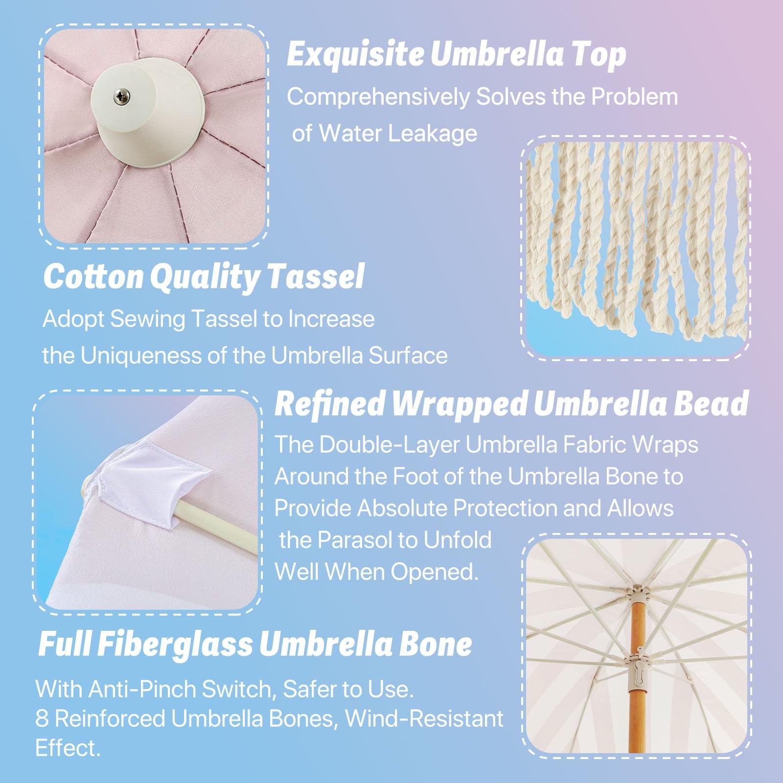 Parasol Plażowy Boho Z Frędzlami Parasole Ogrodowe Chroniące Przed Promieniowaniem UV Parasole Ogrodowe Z Pochyleniem 200 Cm Duży Parasol Ogrodowy Wodoodporny Parasol Balkonowy 8 Żeber (Color : Pink