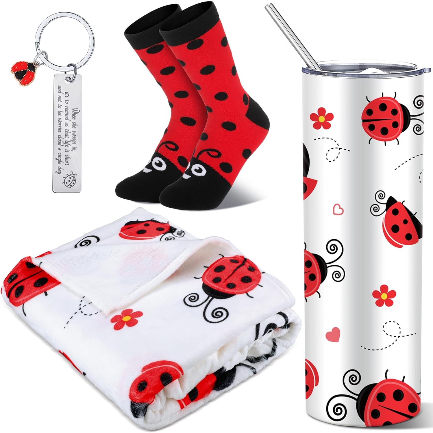 Patelai 4 Pcs Ladybug Gift Set 20 oz Stainless Steel Tumbler with Straw Lady Bug Pattern Flannel Throw Blanket Novelty Sock Inspirational Keychain Gift for Woman Men Ladybug Lovers