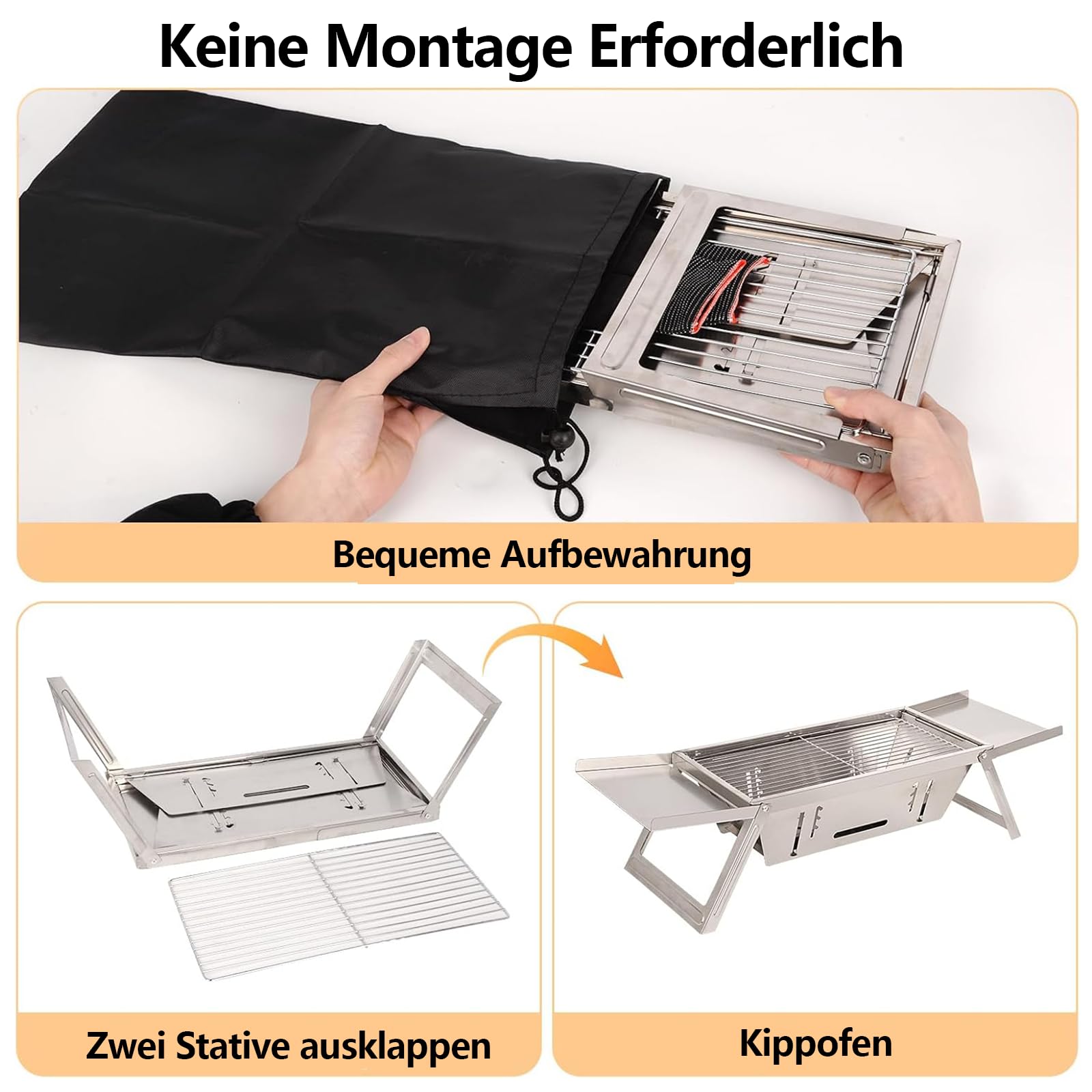 Barbecue au charbon de bois, portable, pliable, en acier inoxydable, mini barbecue réglable pour l'extérieur, le camping, la terrasse, le barbecue, les fêtes - Argenté (17,13" x 8,86" x 1,57")