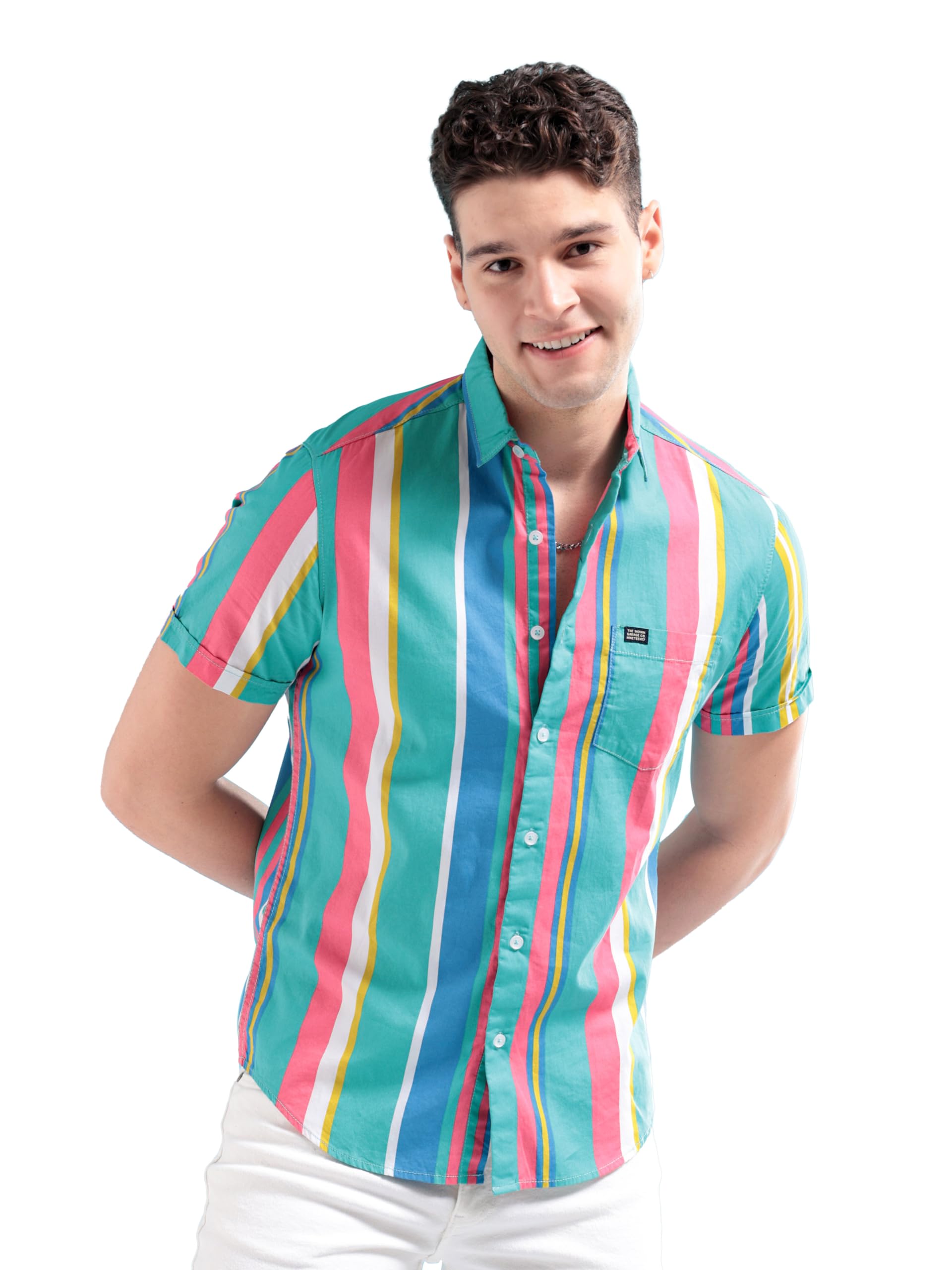 the indian garage co Men's Cotton Slim Fit Striped Half Sleeves Spread Collar Casual Shirt-picture-24