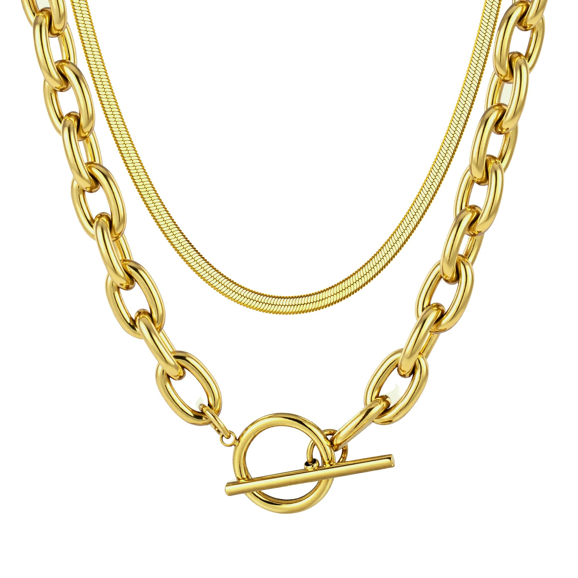 TEN MIRO 18k Chunky Gold Necklace for Women Sweatproof, Non Tarnish Chunky Cross Necklaces Thick Gold Layering Hammered Bold Necklace Stacks Toggle Necklaces for Women