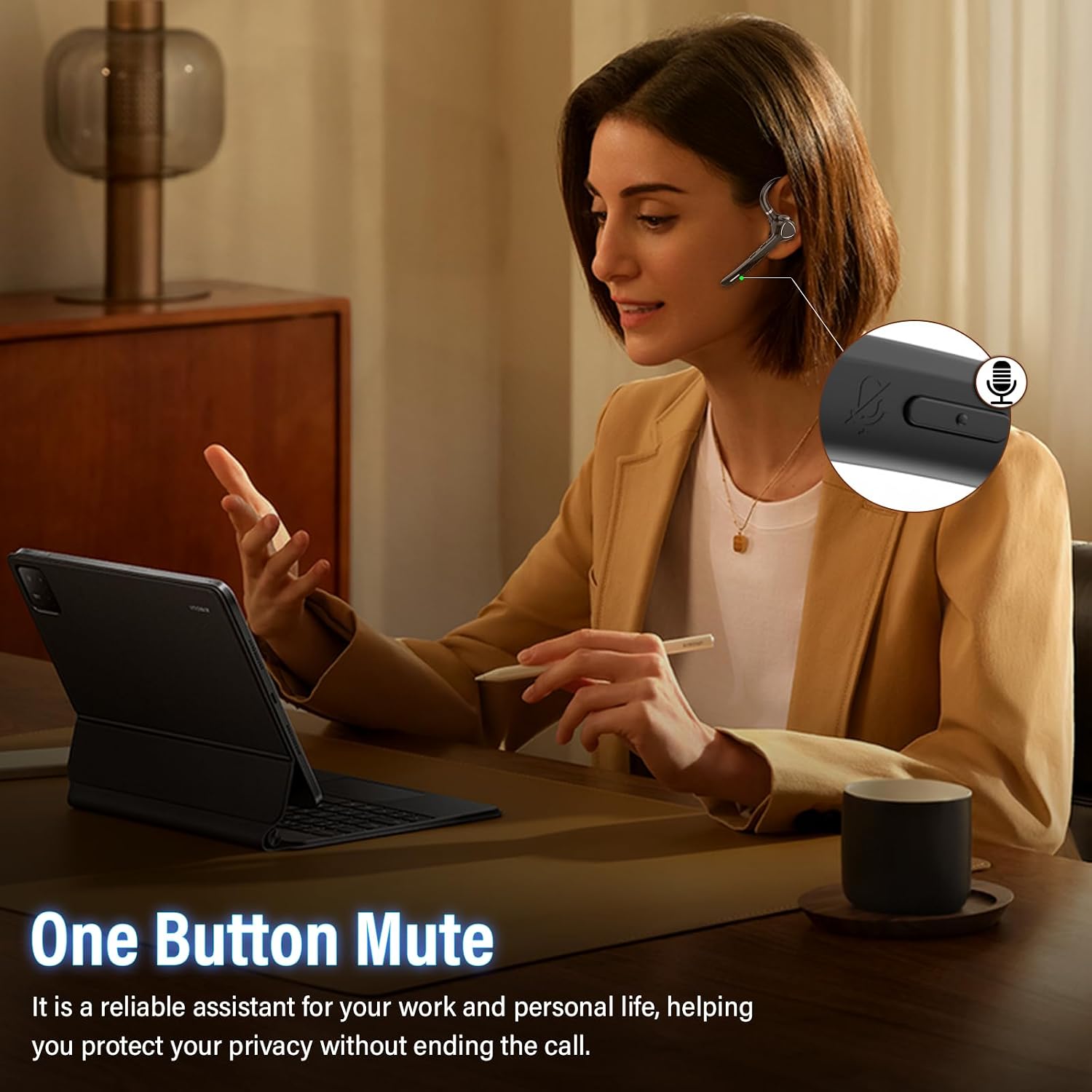 Bluetooth Headset with APTX HD Audio, Wireless Hands-Free Earpiece with CVC 8.0/ENC Dual Mic, Mute Button & Dual Device Connection, 90H Playtime Single-Ear Headphone for Trucker, Business, Black thumbnail