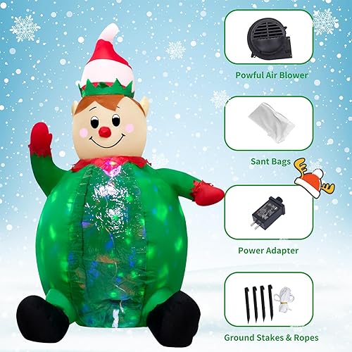 Miniatura 5 de Elfo inflable de Navidad de 4 pies para decoración interior y exterior, elfo verde con luces LED giratorias para patio, para Navidad, WM - 12