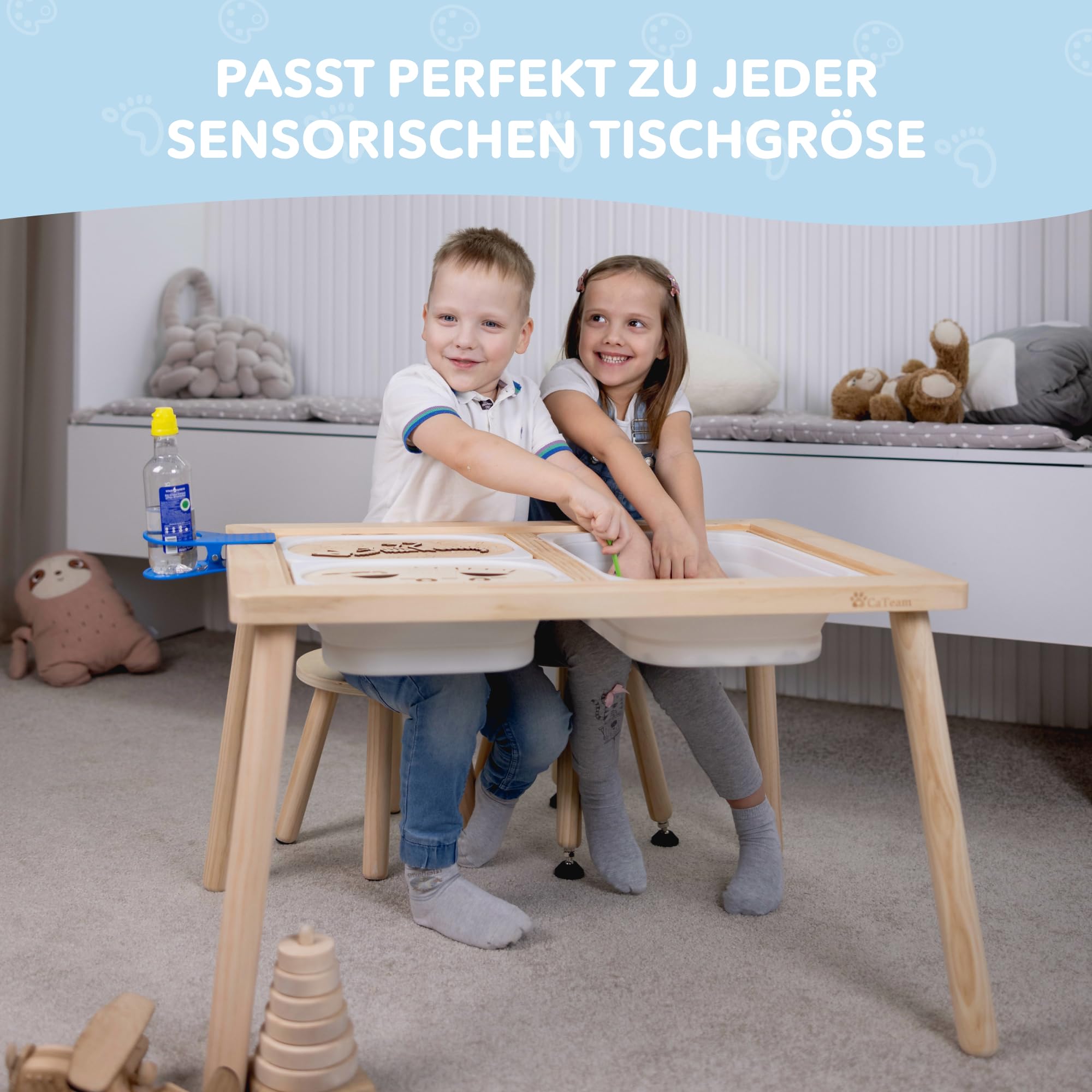 Cateam Tritthocker aus Holz für Kinder und Kleinkinder – 2er-Set – Weiß – Kinderhocker mit ausziehbaren Beinen – sensorischer Tischhocker – runder Sitzhocker für Kinder mit Nivellierfüßen