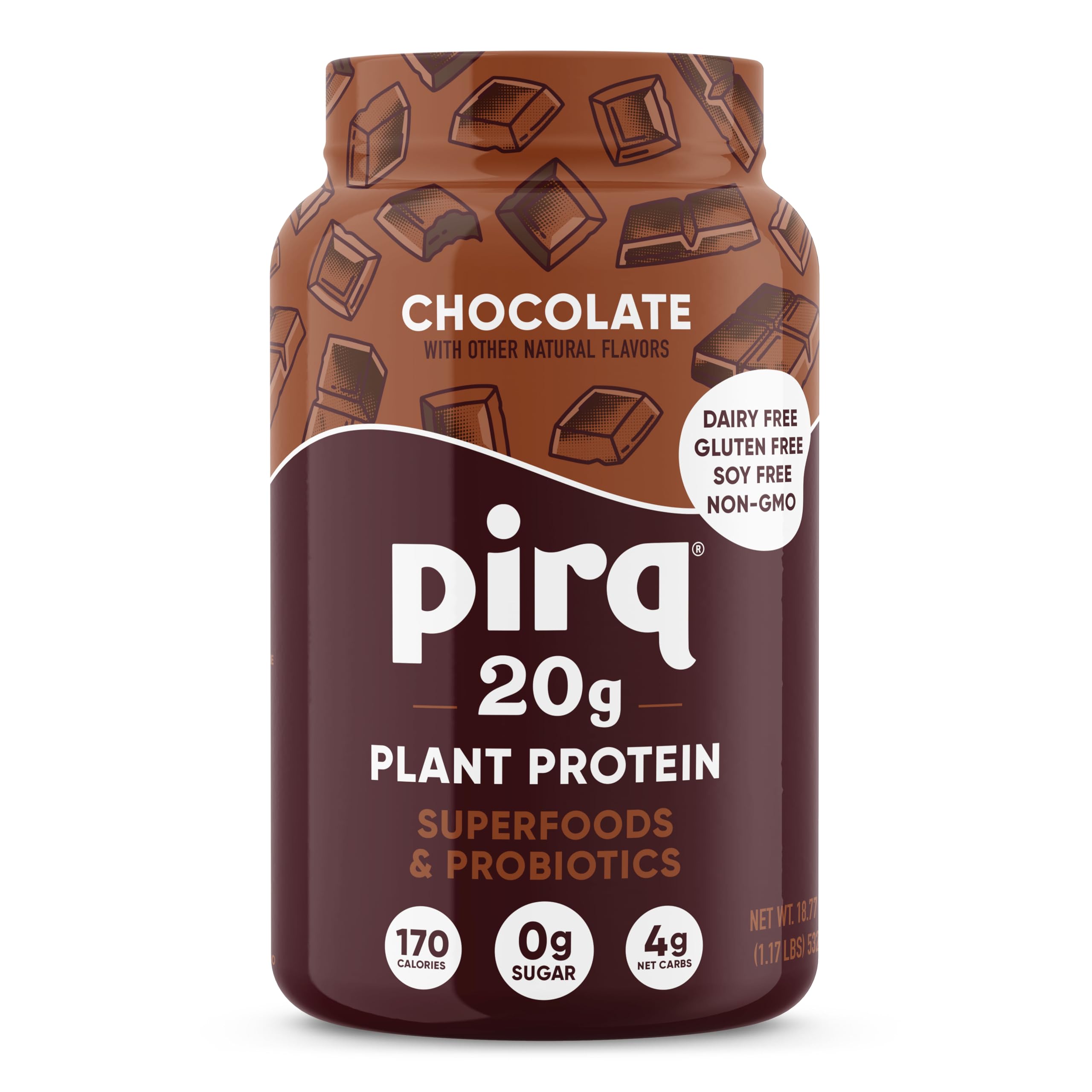 Pirq Dairy Free Protein Powder with 20g Protein, 2B CFU Probiotics, 25 Superfoods Greens and Fruits, Vegan, 0g Sugar (14 Servings) (Chocolate)