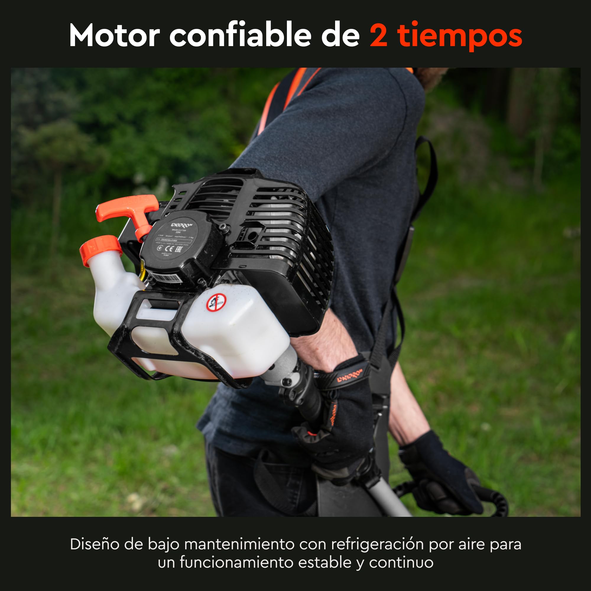 Desbrozadora de Gasolina, 32,6 CC, 1 kW (1,5 HP), Hilo 430 mm, Disco de Acero 255 mm, 7,1 kg, Arnés Mochila, Empuñadura Tipo D y Easy Start - 33M