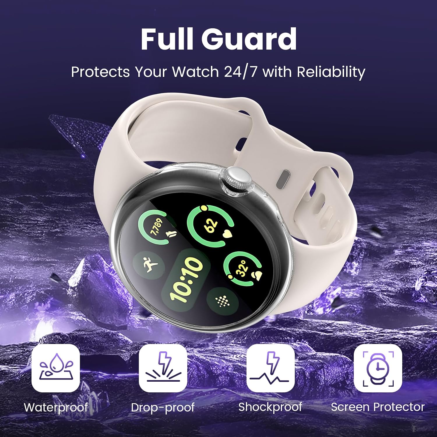 Waterproof Case for Google Pixel Watch 3/2/1 41mm Screen Protector, Clear | High Sensitive HD Hard PC Protective Shockproof Slim Face Cover Bumper Support Wireless Charging