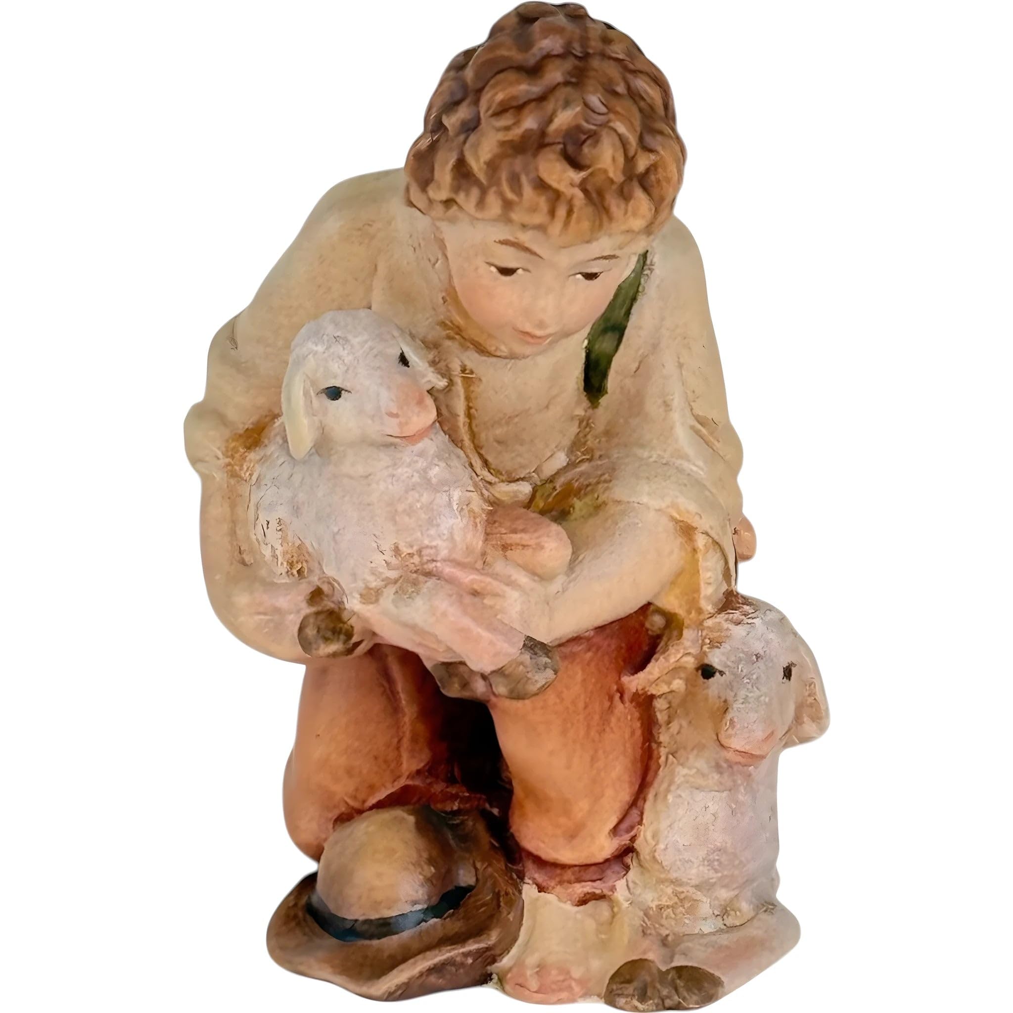 Kneeling Shepherd Boy with Sheep and Lamb - Colored Maple Wood - Dolfi