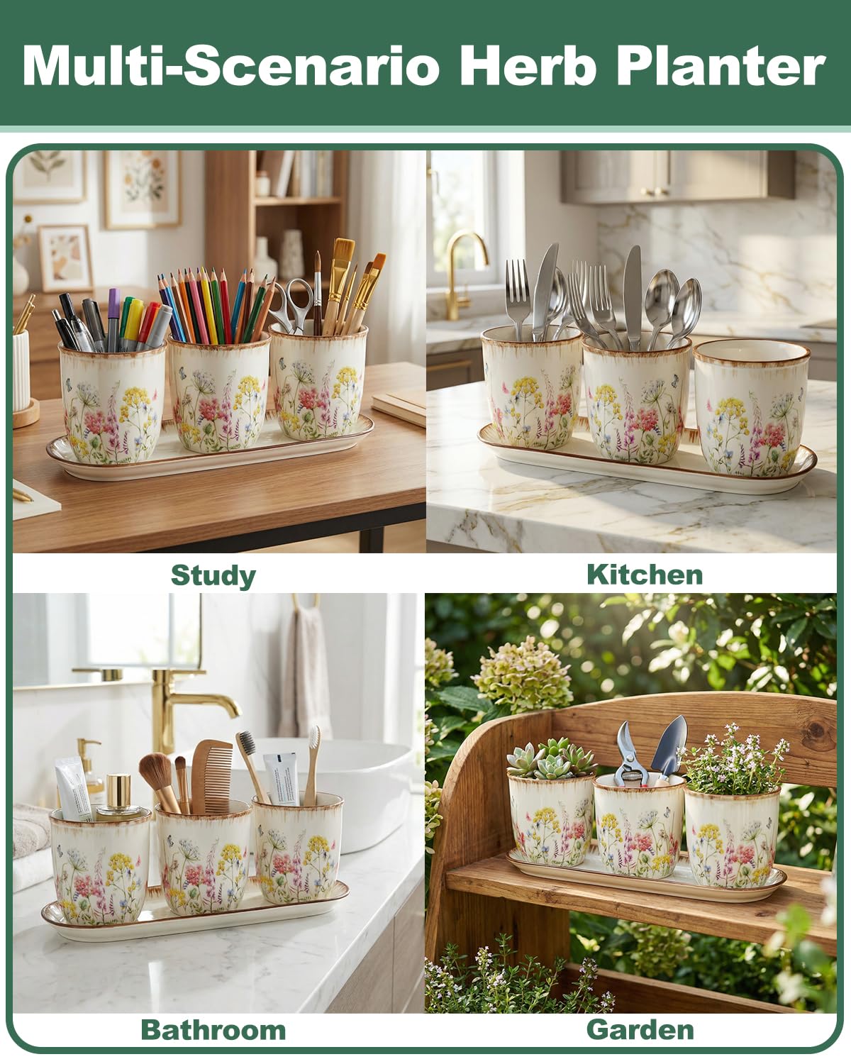 Keramik Pflanzgefäß Set mit Tablett - 3 Kleine Blumentöpfe mit Drainage, Dekorative Blumenkräuter Pflanzgefäße für Küche Fensterbank, Indoor Sukkulenten Töpfe für Pflanzen, Keramiktöpfe mit langem
