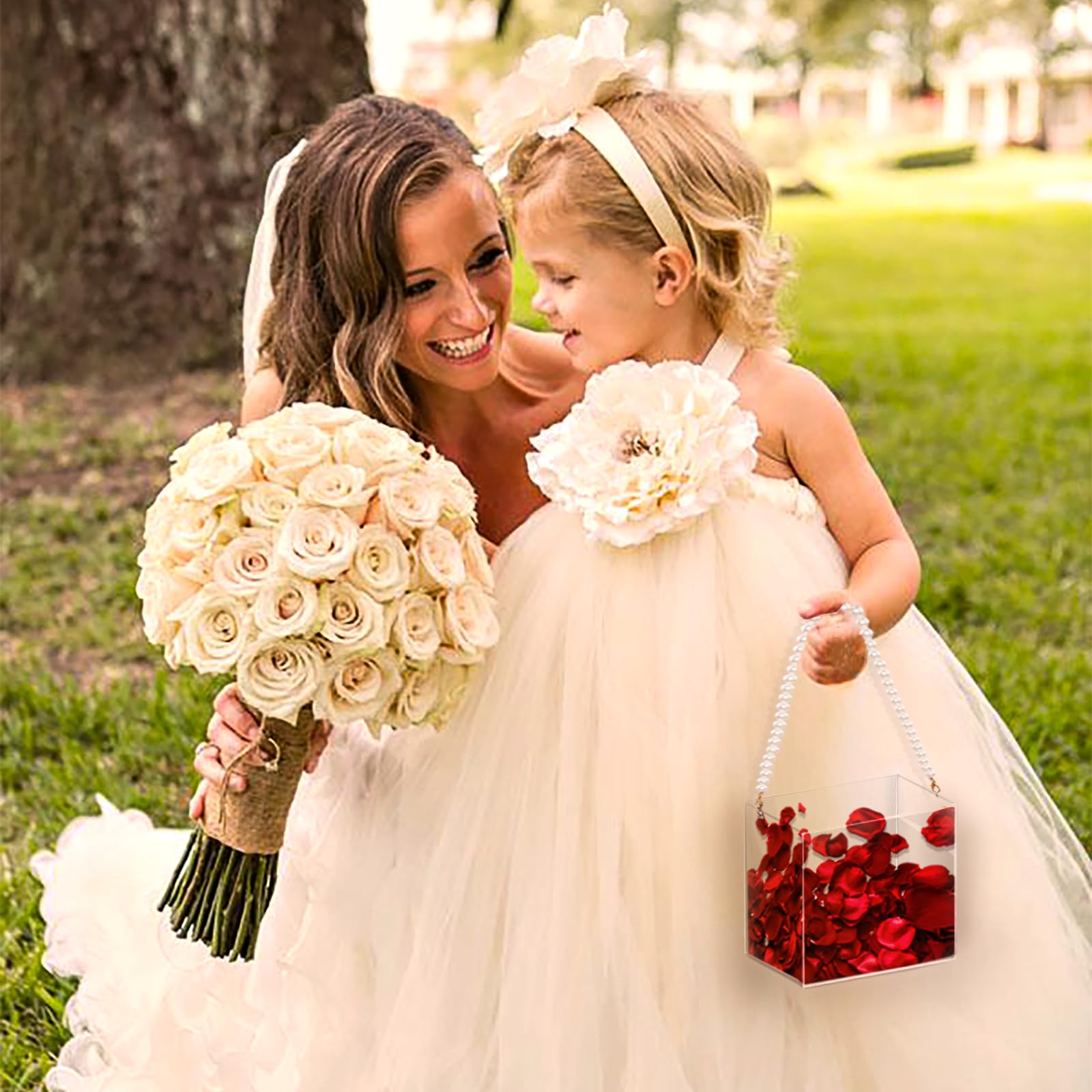 Set di 2 cestini per fiori, per matrimonio, con manico in perla, in acrilico, per coriandoli, decorazione per matrimoni (perla)