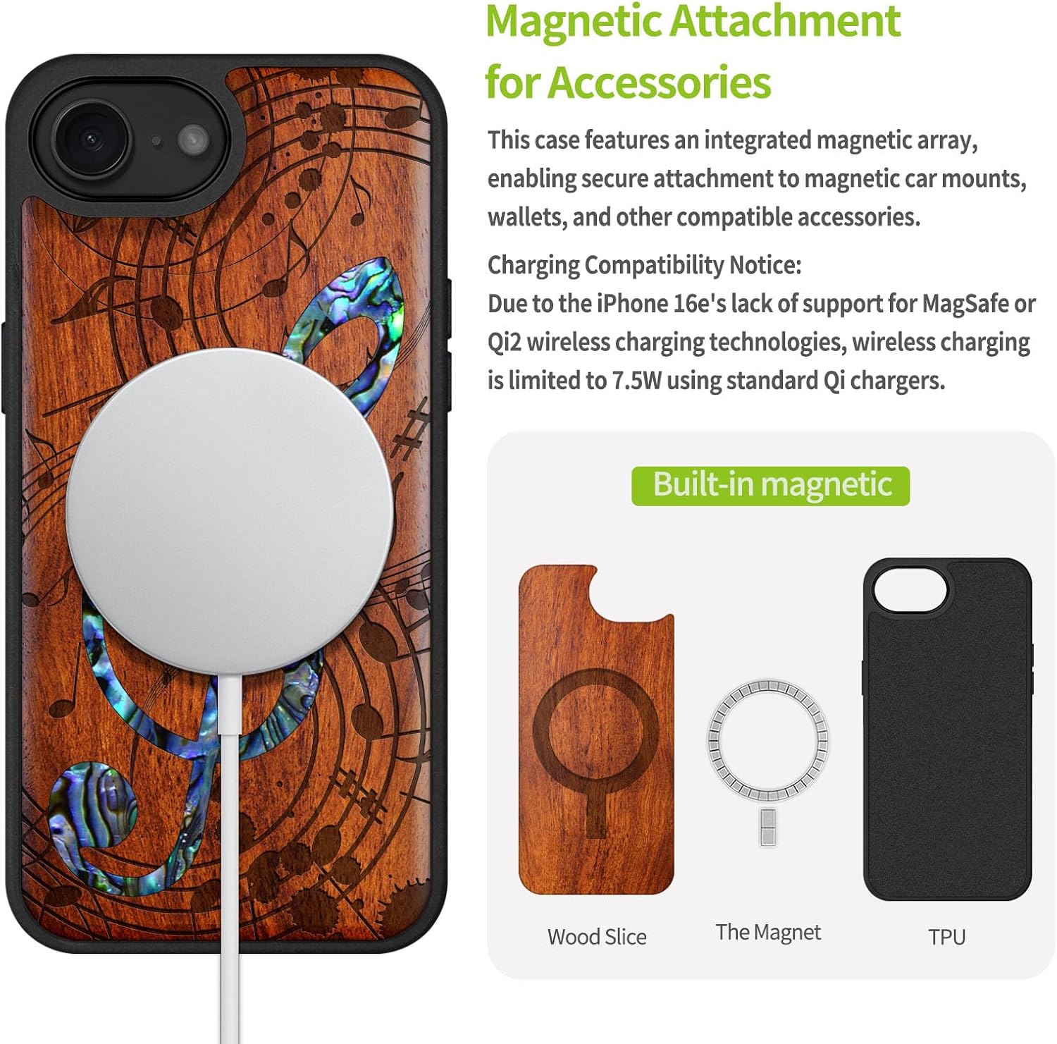 Carveit Magnetic Wooden Case for iPhone 16e / 17e, Wood Artisan Engraved & Handmade Shell Inlaid, TPU Shockproof Cover, Compatible with MagSafe Wireless Chargers, Musical Note - Rosy