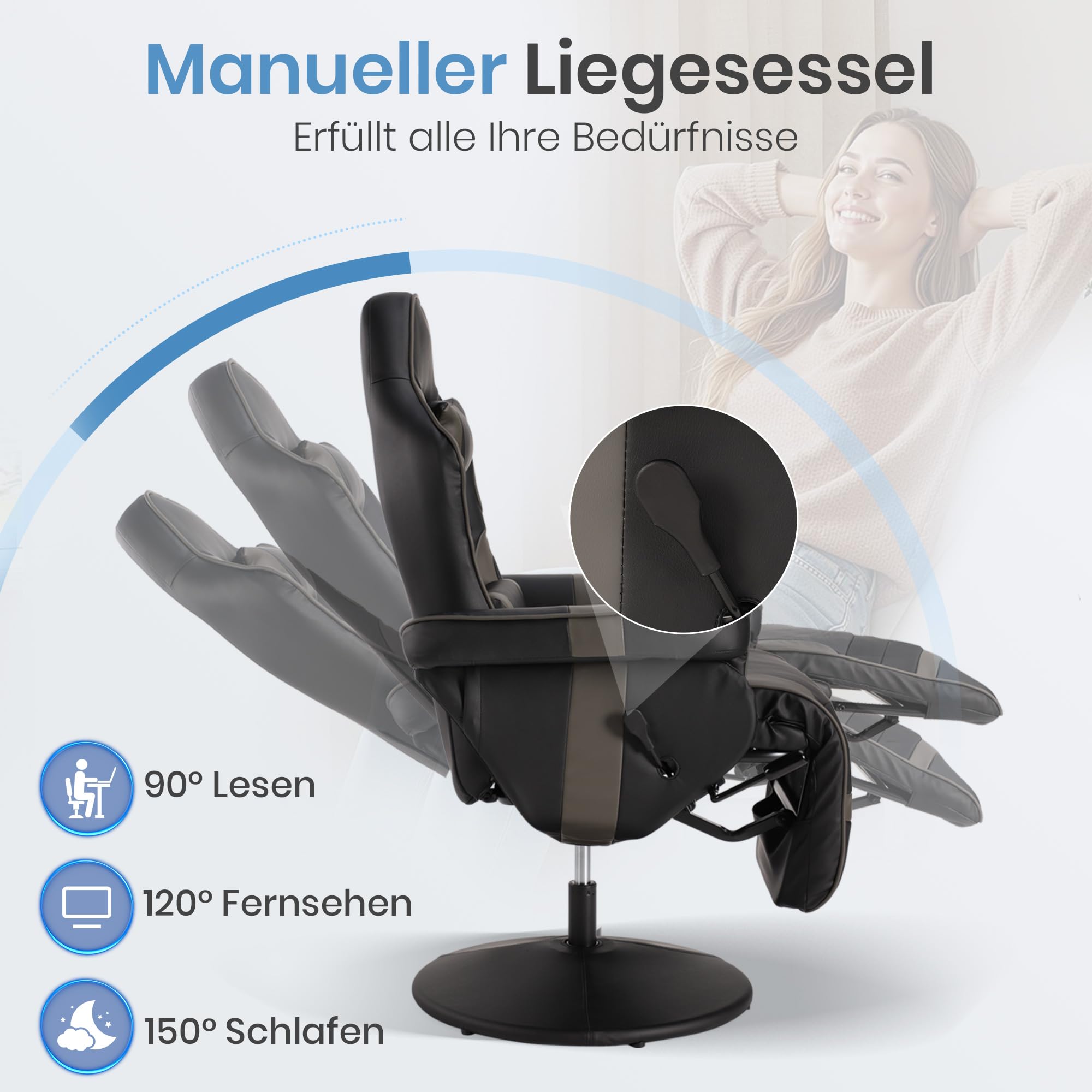 Relaxsessel Fernsehsessel mit Liegefunktion, Massage Gaming Stuhl mit Höhenverstellbar & 360° Drehbar, Ergonomischer Racing Gaming Sessel Wohnzimmer, Manuell Verstellbar (Gray)