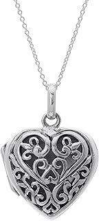 Silverly Sterling Silver Filigree Heart Locket Necklace for Women - Ornate 925 Silver Fleur De Lis Pendant on 18" Curb Chain - Valentine's Day Gift - Victorian-Style Jewelry With Spiral Openwork