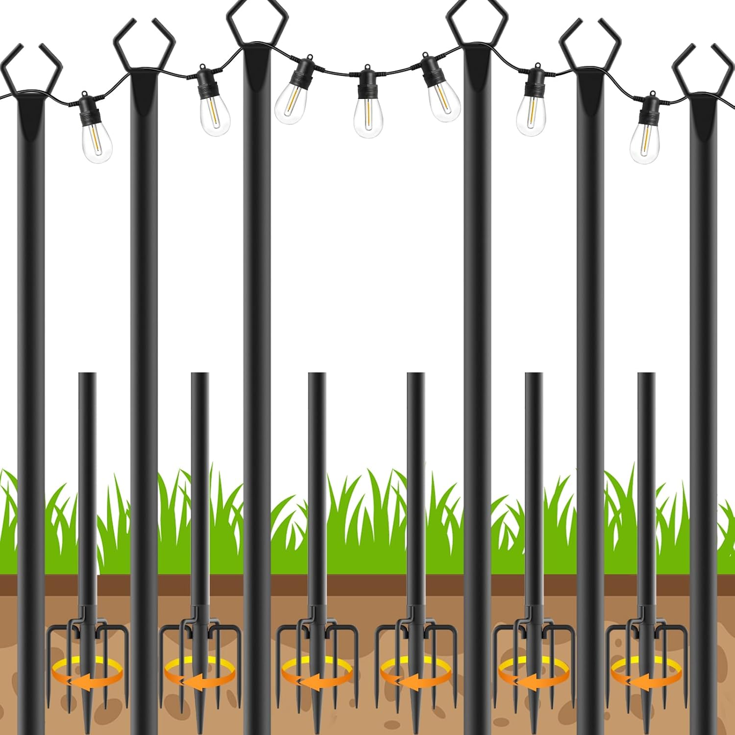 6 Pack 10Ft String Light Poles,Outside String Lights,Outdoor Light Poles with Fork,Metal Poles Stand for Patio,Backyard,Deck