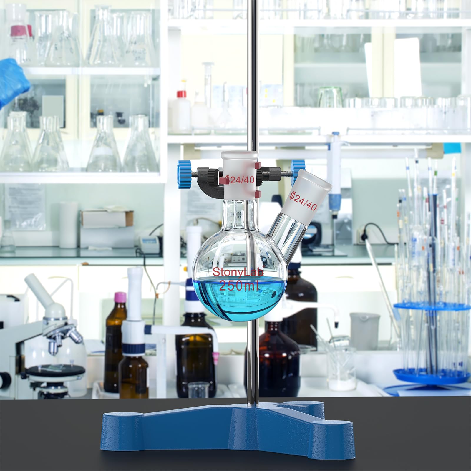 stonylab Ballon à Fond Arrondi en Borosilicaté Verre à 2 Cols RBF, avec 24/40 Joint Extérieur Conique Standard au Centre et sur les Côtés, 2 Neck Round Bottom Flask - 250ml