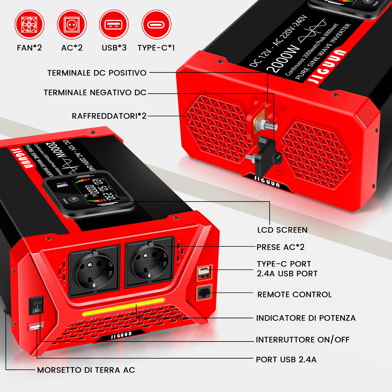 JIGUUN 2000W 6000W Falownik 12V na 230V Przetwornica napięcia sinusoidalnego z wyświetlaczem LCD, zdejmowanym pilotem zdalnego sterowania, 2 gniazdami UE, 3 portami USB + 1 portem typu C