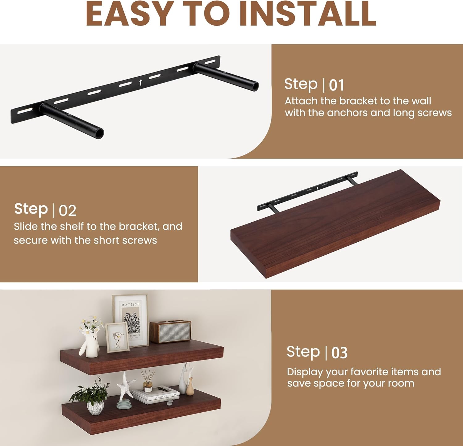 Fun Memories 9 Inch Deep Floating Shelves, Rustic Solid Wood Floating Shelf 30 Inch Long, 30 x 9 Wide Bathroom Shelves for Storage & Display, Red Brown