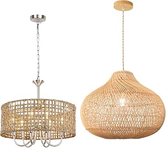 LynPon Rattan Boho Pendant Lights, 1 Lights & 6 Lights Nickel Large Natural Kitchen Island Wicker Chandelier Hand-Woven Pendant Light with Wicker Shade, Modern Hanging Chandeliers for Dining Room Foye