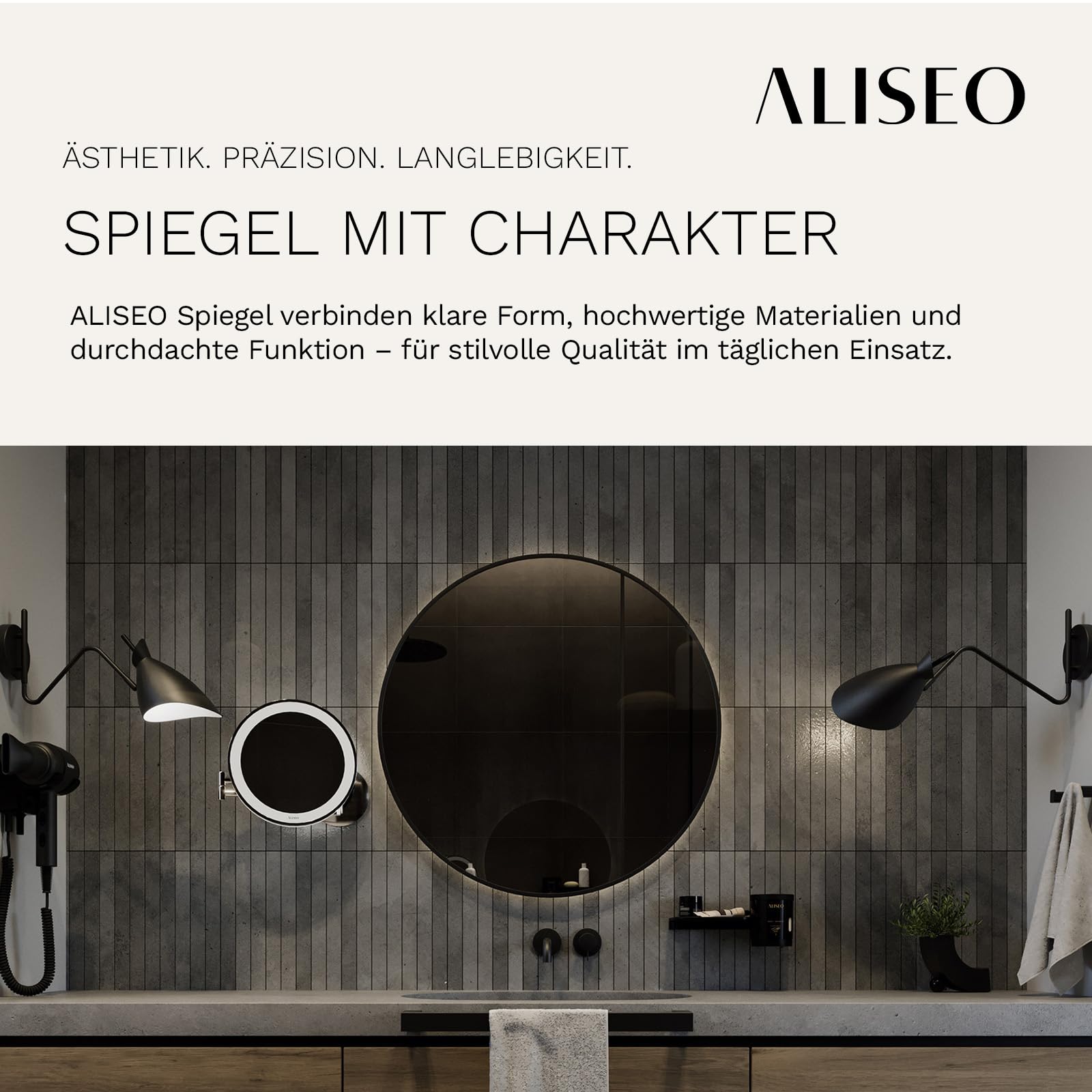 ALISEO FACE - Spiegel am Doppelschwenk-Arm - 3-Fach Vergrößerung, schwenkbar, rund ø 200 mm, Chrom