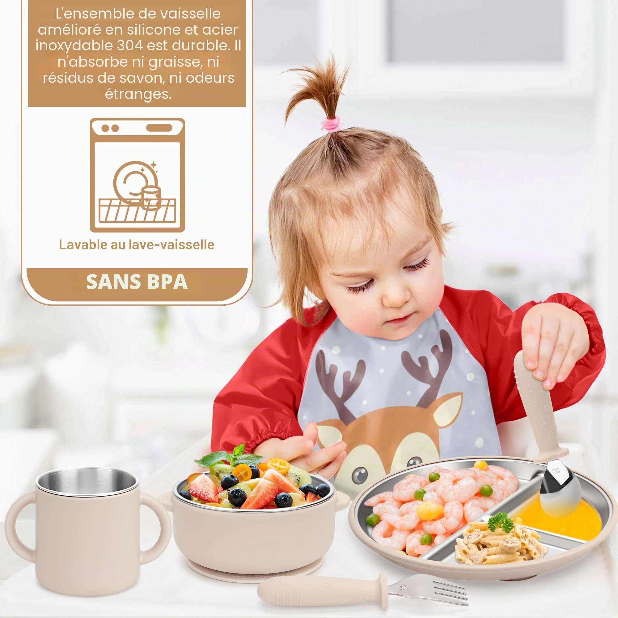 Set de vaisselle pour bébé en acier inoxydable avec ventouse, 6 pièces en acier inoxydable avec assiette, gobelet d'apprentissage, bavoir pour bébé avec manches, cuillère, fourchette, bol, sans