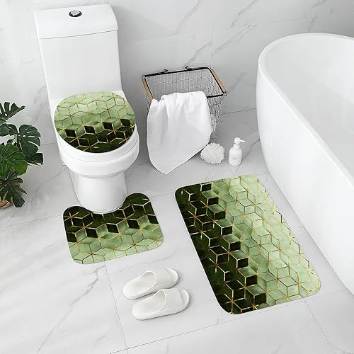Miniatura 3 de Gibelle Juego de 4 cortinas de ducha de baño con alfombras antideslizantes, cubierta para tapa de inodoro y tapete de baño, líneas doradas cúbicas