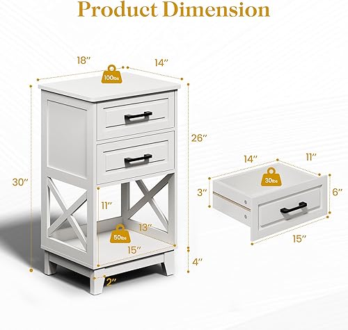 Miniatura 2 de RoyalCraft Mesita de noche alta, mesa auxiliar blanca con 2 cajones y estante abierto debajo, mesita de noche con pies sólidos, mesa auxiliar
