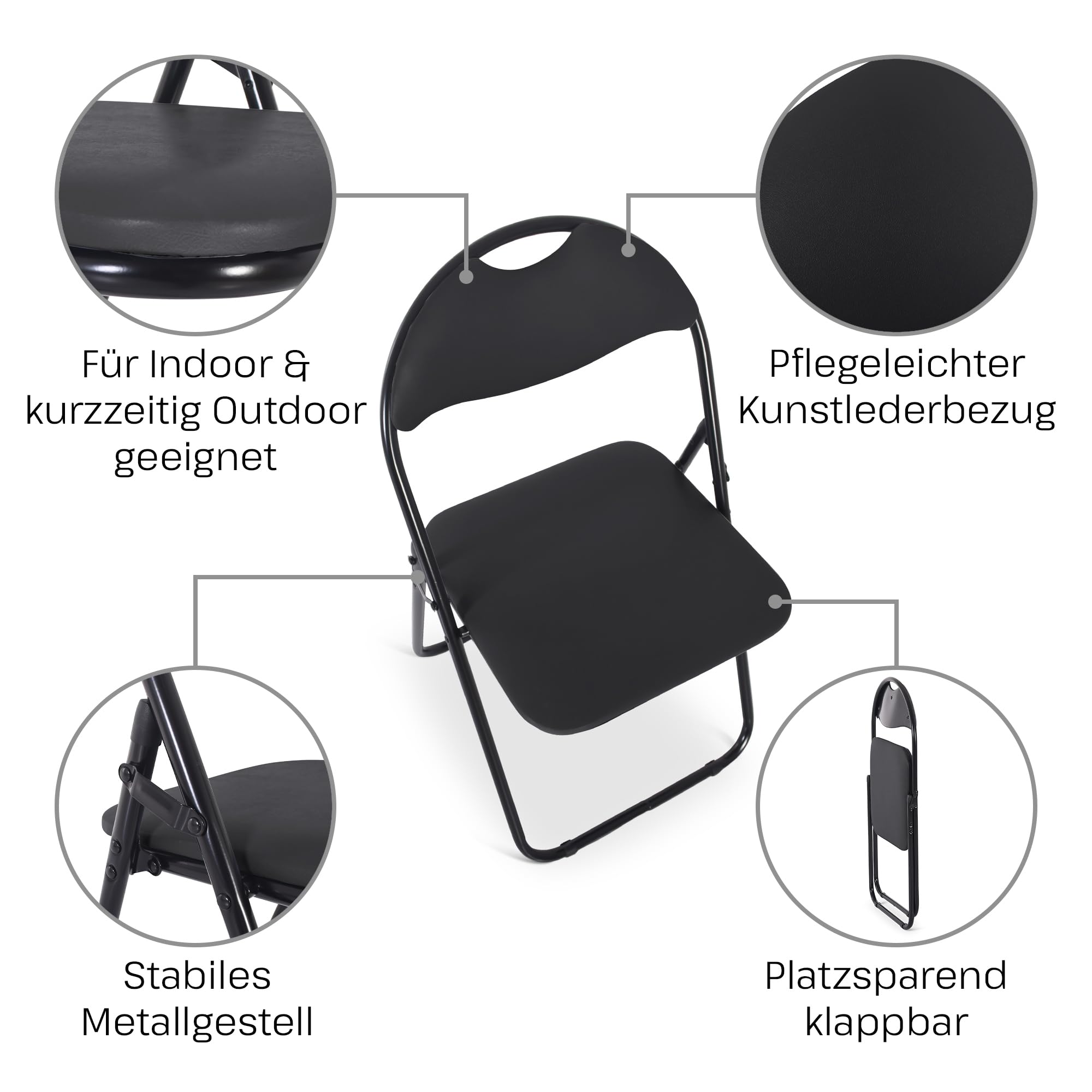 Raburg Klappstuhl 6er-Set, gepolstert, Belastbarkeit 100 kg, Metallgestell, Schwarz
