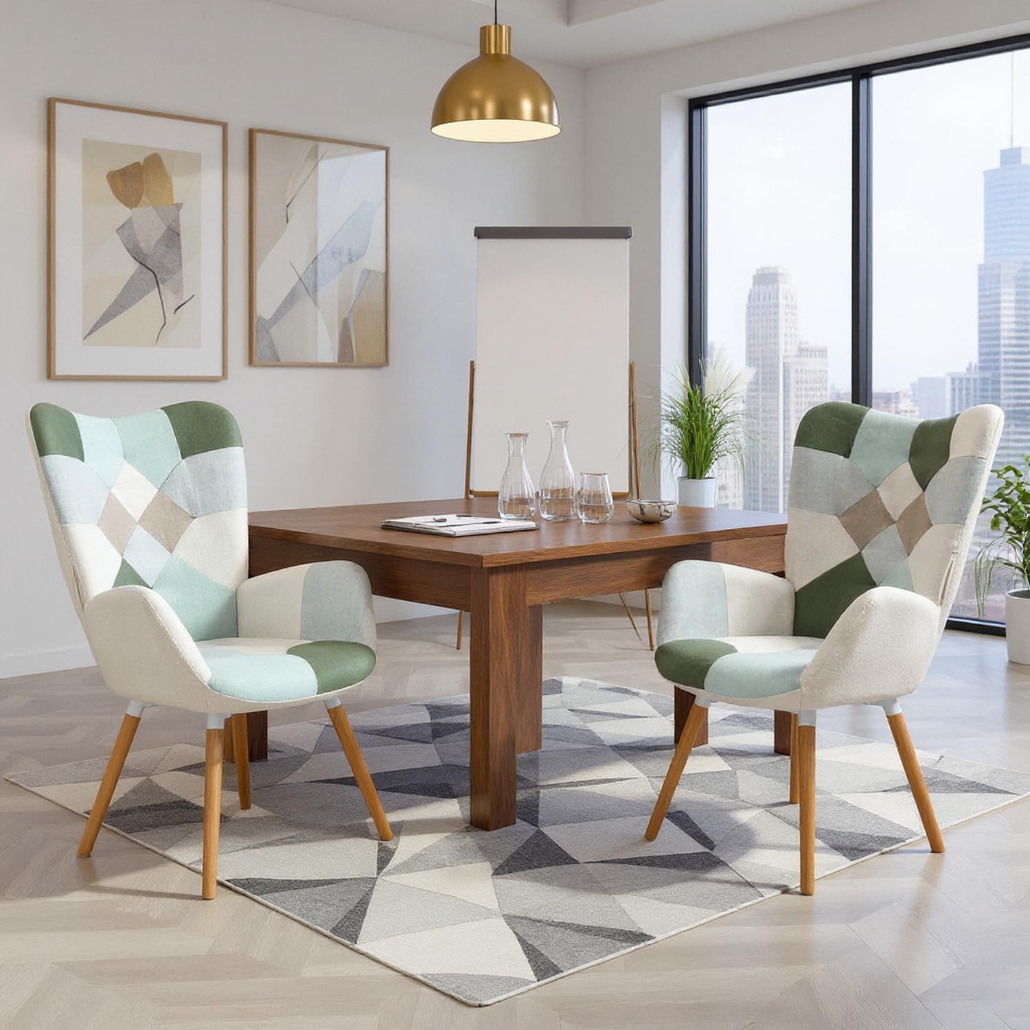Fauteuil Patchwork Aqua avec Assise et Dossier Épais pour Réunion de Bureau Design Ergonomique Fauteuil Scandinave en Tissu Résistant pour Salle Conférence Entreprise Hauteur d'Assise 45 cm