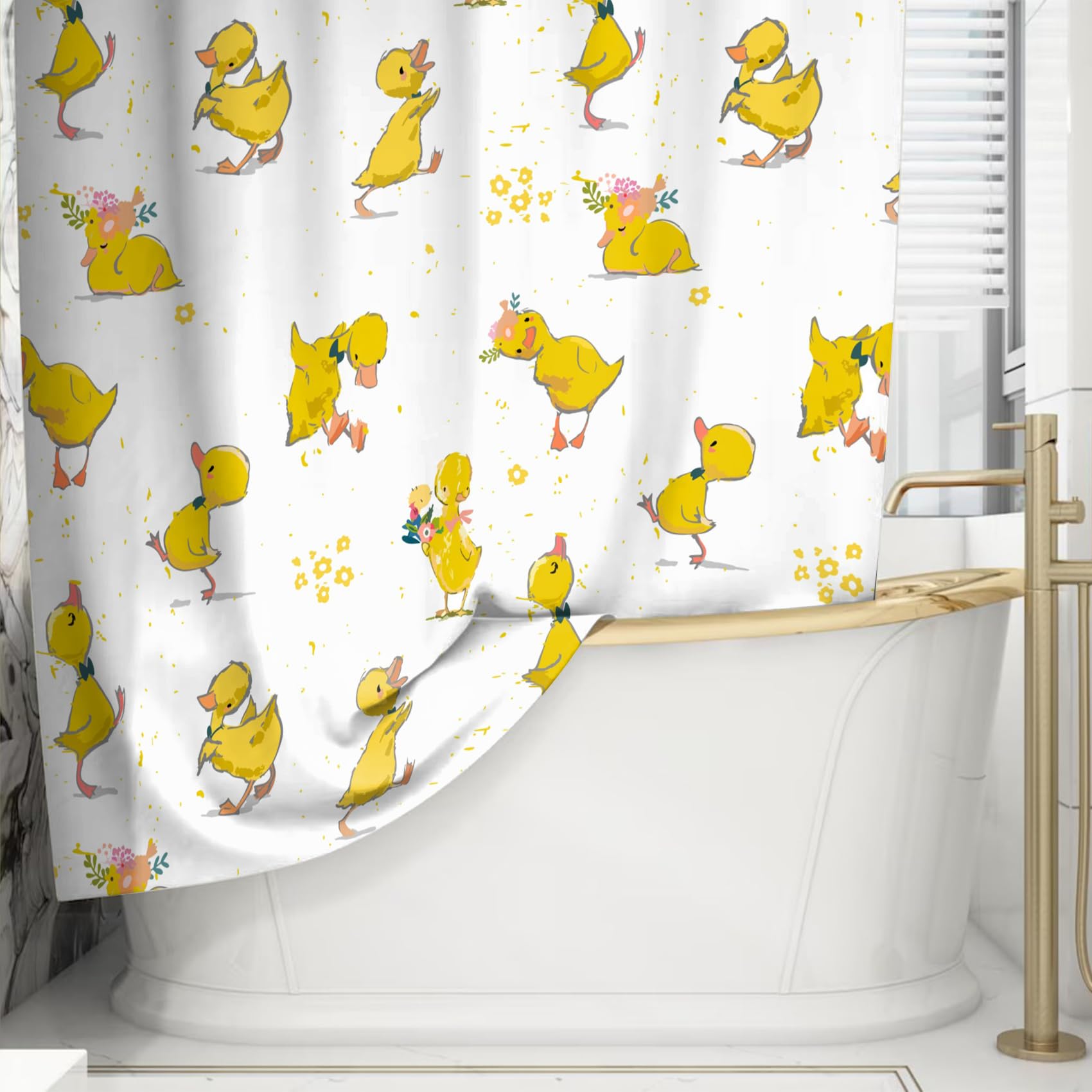 Giallo Anatra Tenda da Doccia con Gancio, Cartone Animato Carino Animale Anatra Pet Bagno Tenda Divertente Animale Giallo Fiore Bagno Tenda Impermeabile Vasca da Bagno Tenda 180x200cm