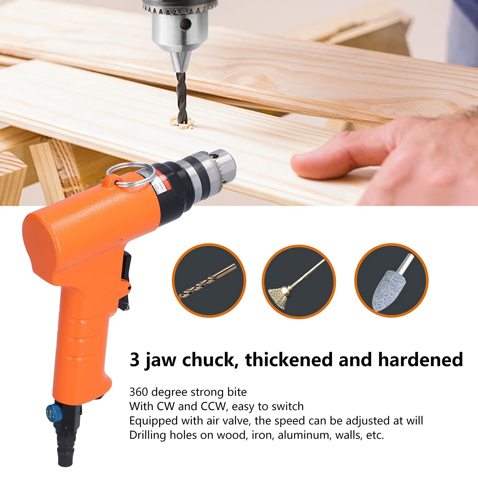 Empuñadura de taladro neumático neumático de 3/8 pulg. Potente diseño de rodamiento doble Reversible CW CCW 1400 rpm Velocidad ajustable para perforación de madera, hierro y